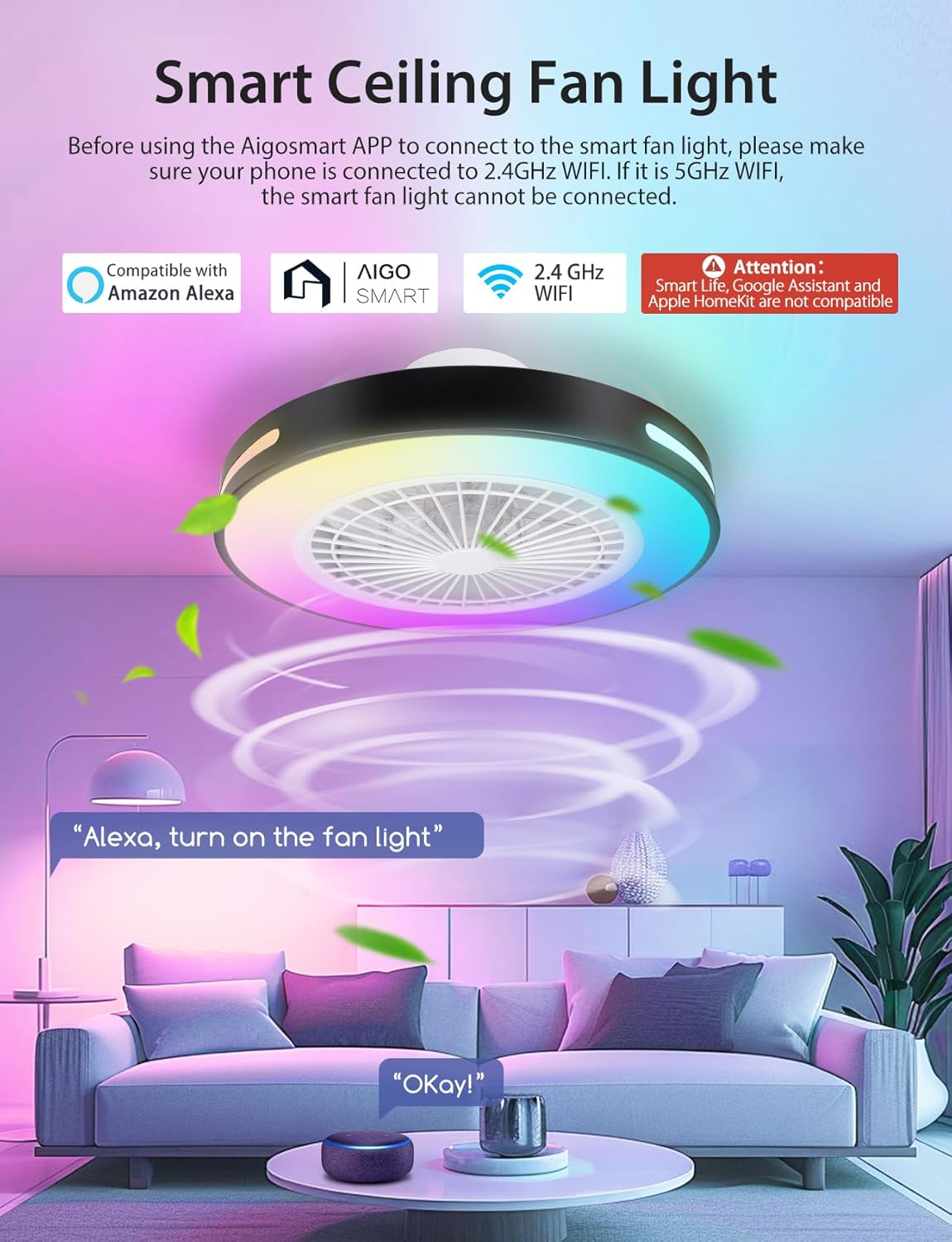 Aigostar - Ventilateur de plafond Alexa, lumière LED 40 W, 4 400 lm, 2 700 K-6 500 K et RGB à intensité variable, lampe de ventilateur de plafond intelligente avec télécommande et passerelle, silencieux, 6 vitesses, diamètre 50 cm, 2 unités