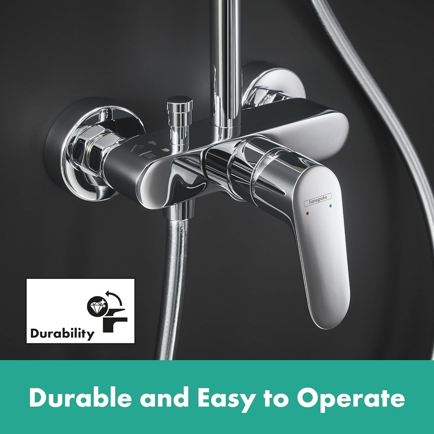 hansgrohe Crometta E - wassersparendes Duschsystem (EcoSmart) mit Thermostat, Regendusche (240 x 240 mm), Handbrause (2 Strahlarten), flexiblem Schlauch, Brausestange und rechteckigem, feststehendem Brausekopf, Chrom, 27281000