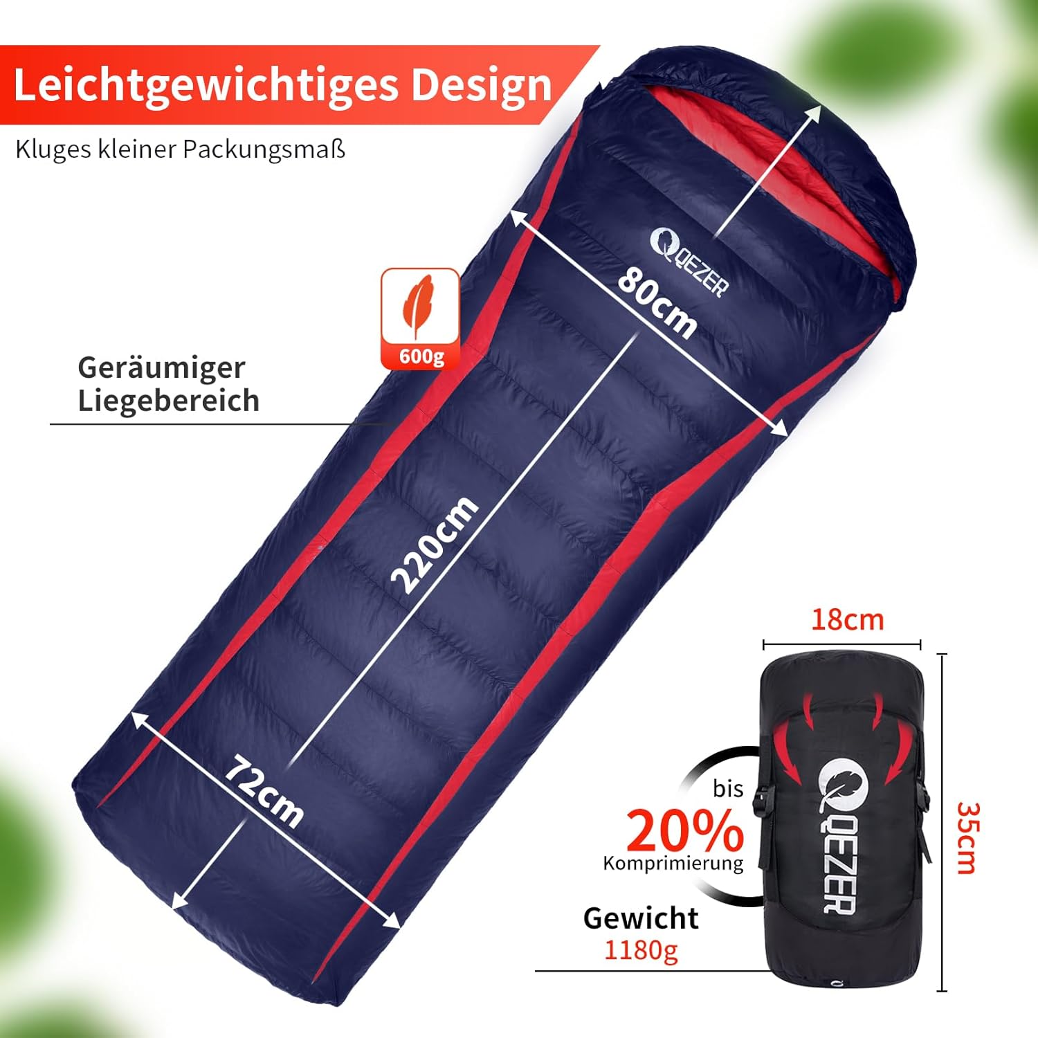 QEZER Daunenschlafsack 220 cm x 80 cm, 8 bis -3 °C, ultraleichter 4-Jahreszeiten-Schlafsack für Erwachsene und Kinder, ideal zum Campen und Wandern