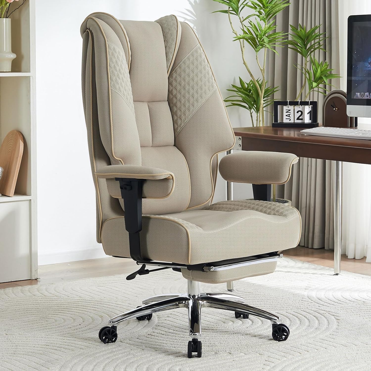 Hoher und breiter Bürostuhl für 181 kg, Chefsessel aus Leder mit hoher Rückenlehne und Fußstütze, ergonomischer Stuhl mit Lendenwirbelstütze zur Linderung von Rückenschmerzen (Beige)