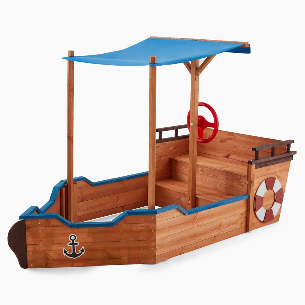 Kinder-Holzboot-Sandkasten Home Deluxe Matschekiste 78 x 160 x 103 cm - Natur / Blau