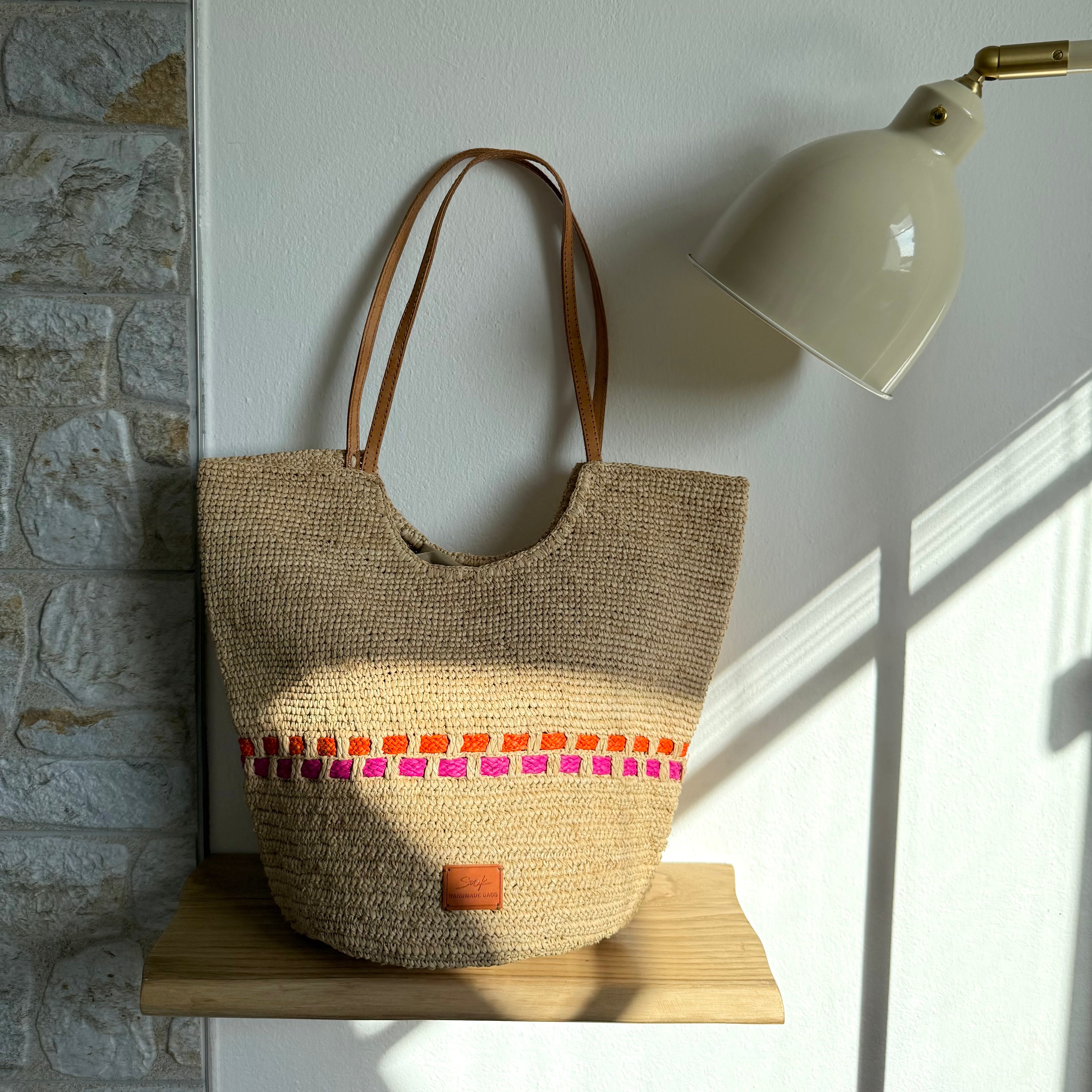 Zola - Handmade Natural Raffia Tote Bag - Fuchsia and Orange