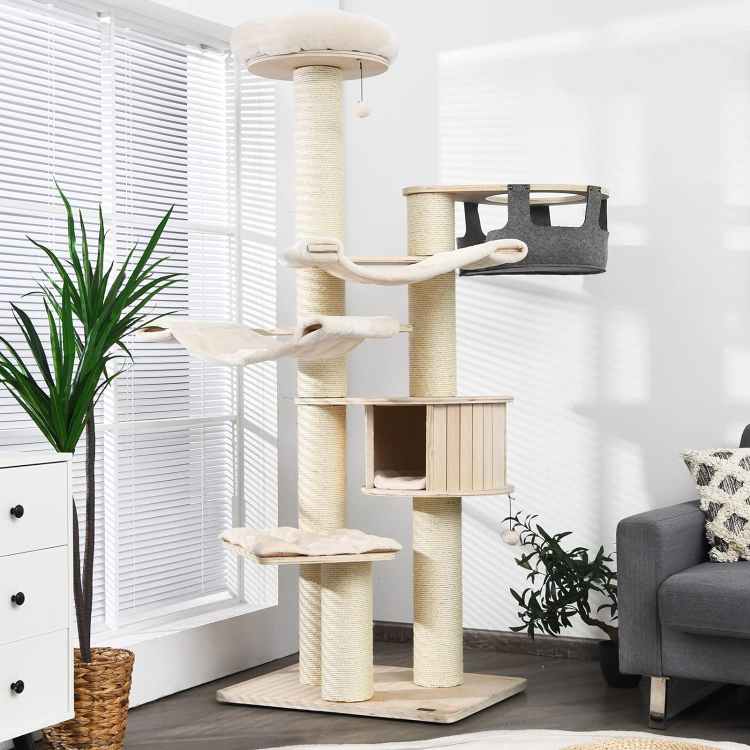 Grand arbre à chat, tour à plusieurs niveaux avec poteau en sisal, hamac, panier suspendu et tapis amovibles et lavables, parfait pour les grands chats