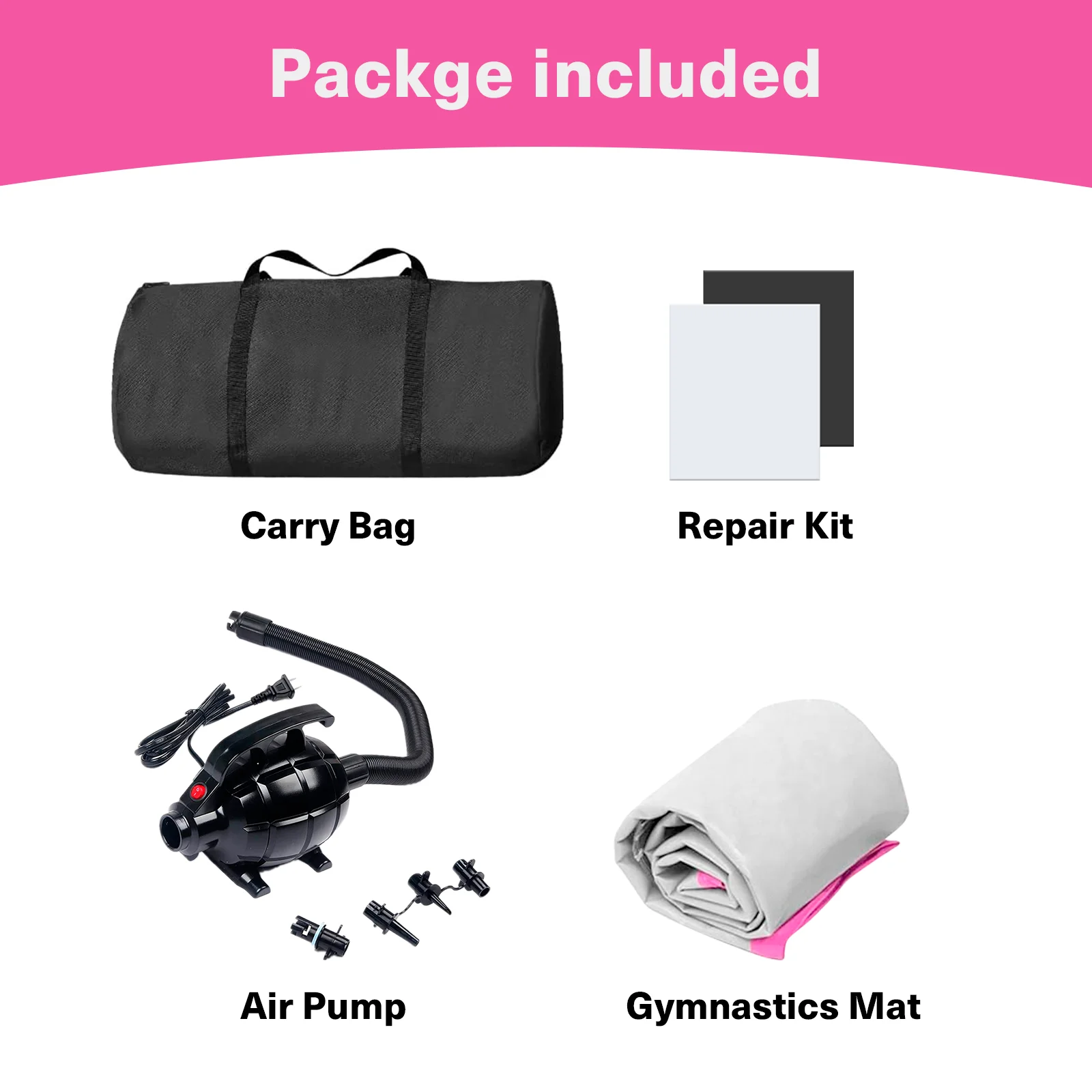 Airtrack 3 meter oppustelig træningsmåtte med rulle. 10 cm tyk træningsmåtte med elektrisk pumpesæt – til hjemmet, fitnesscentret eller udendørs.