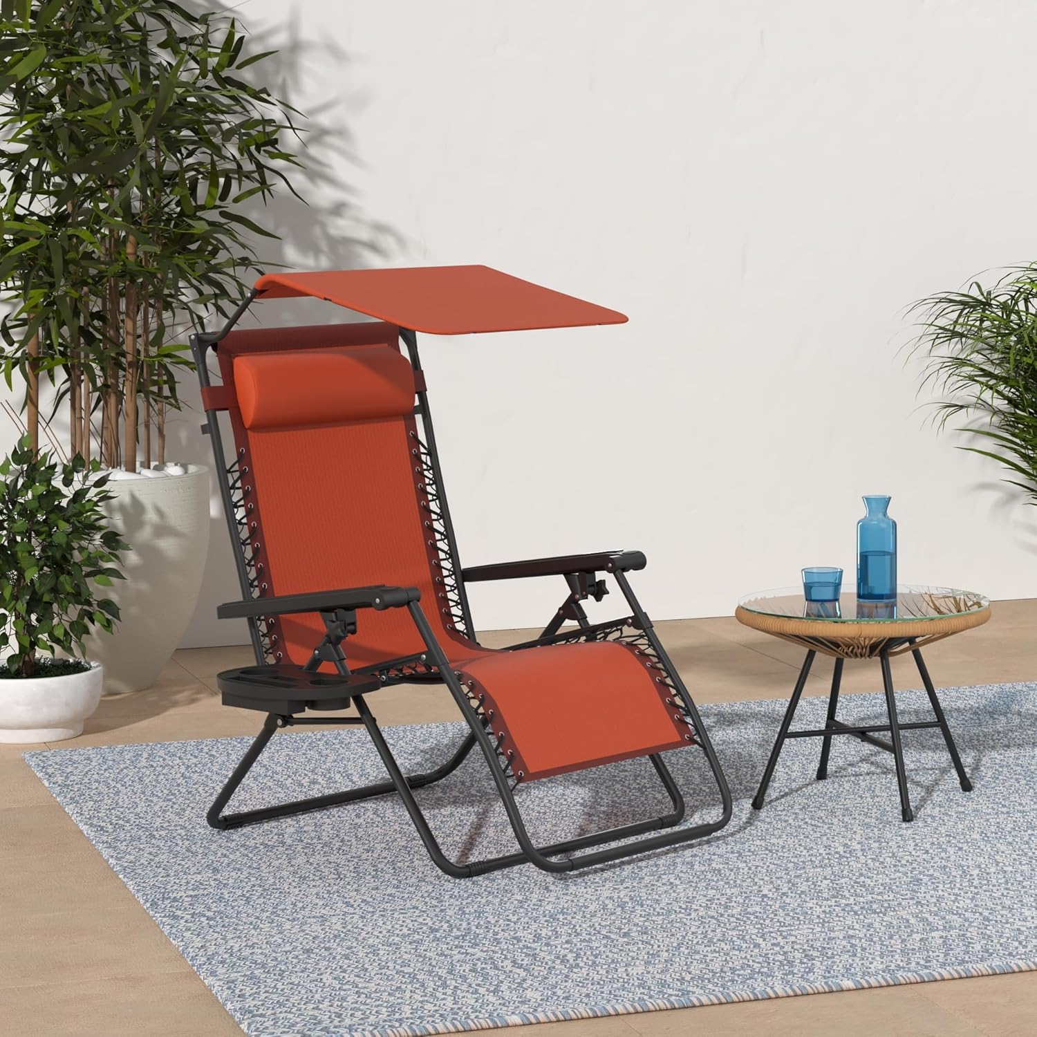 Bedste valg – Zero Gravity-lænestol til terrassen. Justerbar og foldbar udendørsstol med baldakin, nakkepude og sidebakke. Textilene – Påfugleblå