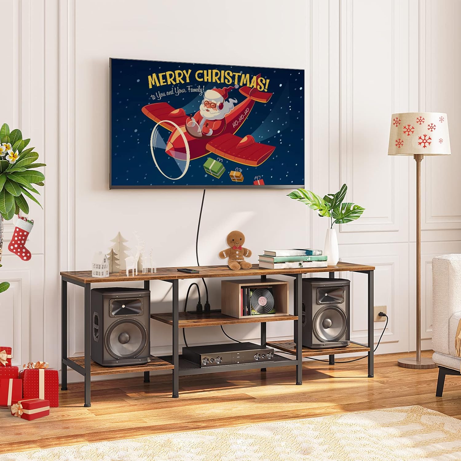 TV-Ständer mit integrierten Steckdosen für Fernseher bis zu 75 Zoll, Konsolentisch mit offenen Regalen, Entertainment-Center im Industrial-Stil für Wohn- oder Schlafzimmer, Rustikales Braun und Schwarz BF60DS01