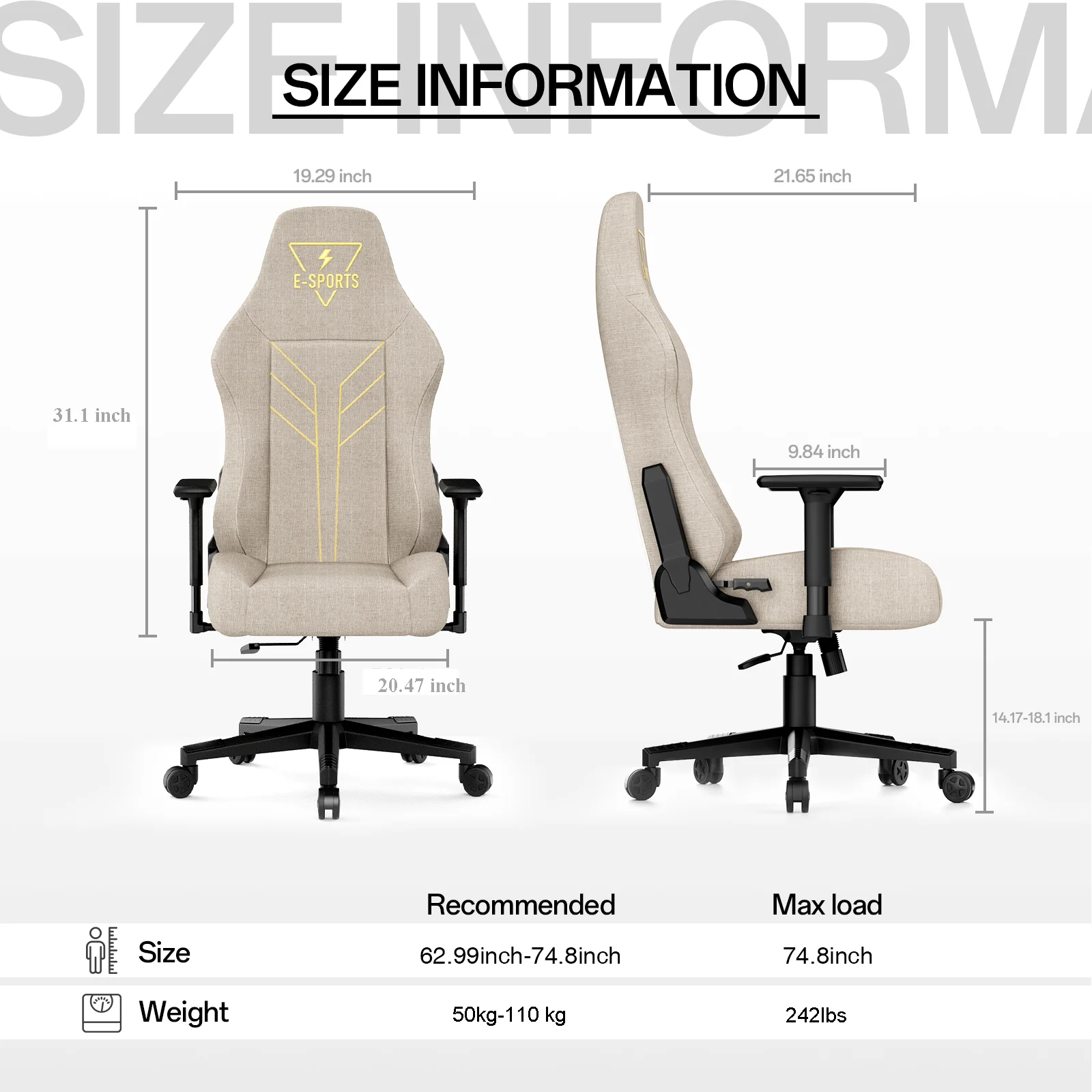 2025 Bigzzia Ergonomisk Gamingstol med Høj Ryglæn, 3D Armlæn, Justerbar Højde og 360° Drejning, Beige