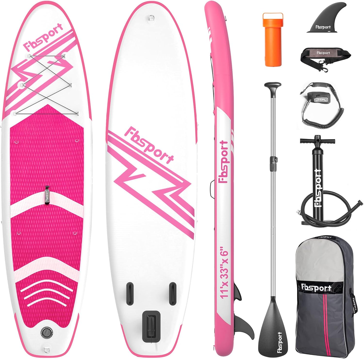 FBSPORT Premium 11-tommer paddleboard, yogaboard med SUP-tilbehør og bæretaske, bred stance, surfkontrol, skridsikkert dæk, snor, padle og pumpe til unge og voksne
