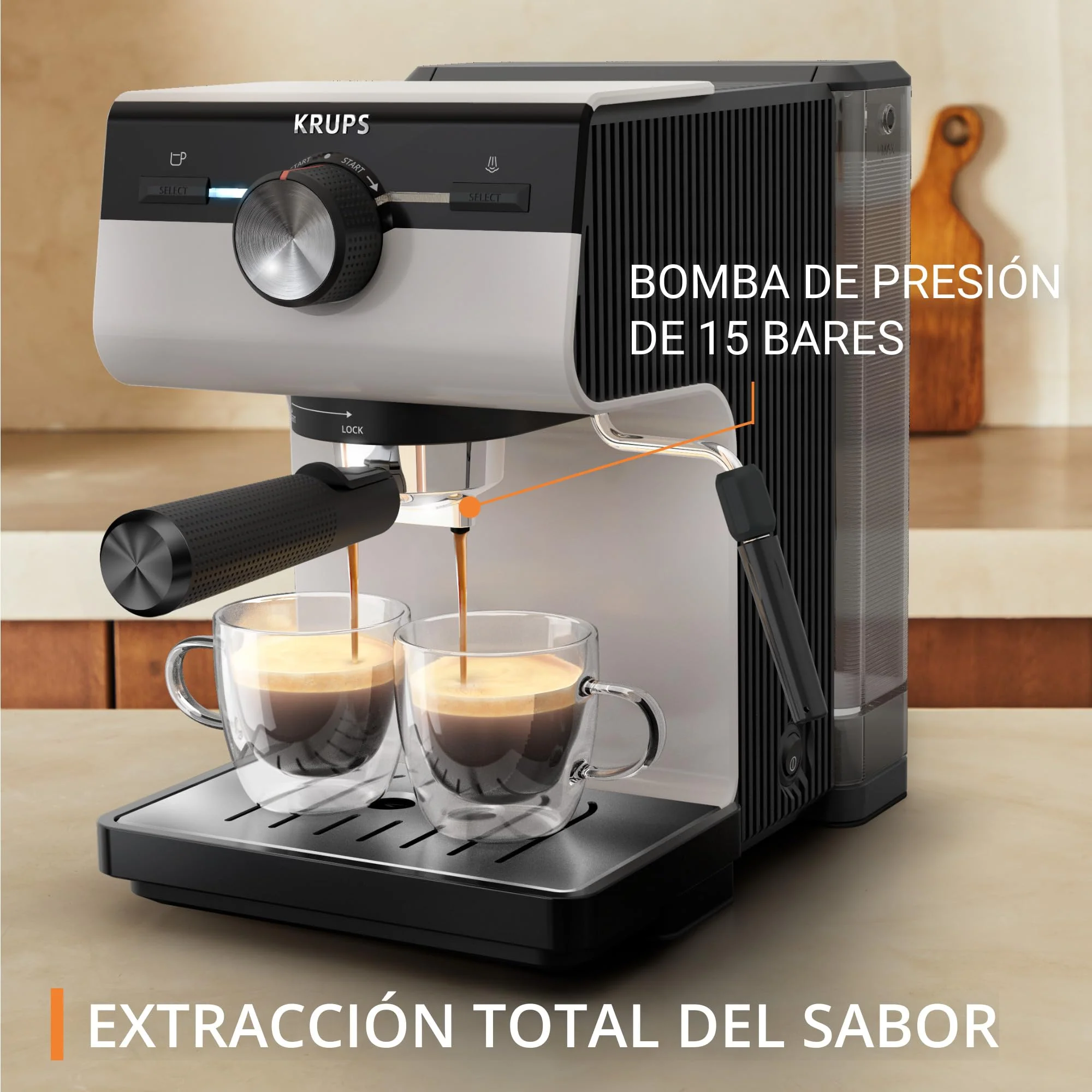 Machine à expresso Krups Virtuoso Essential - 15 bars. Acier inoxydable noir. Design compact et élégant. Arrêt automatique. Expresso et cappuccino. Thermobloc. Buse vapeur. Doseur inclus. XP4418