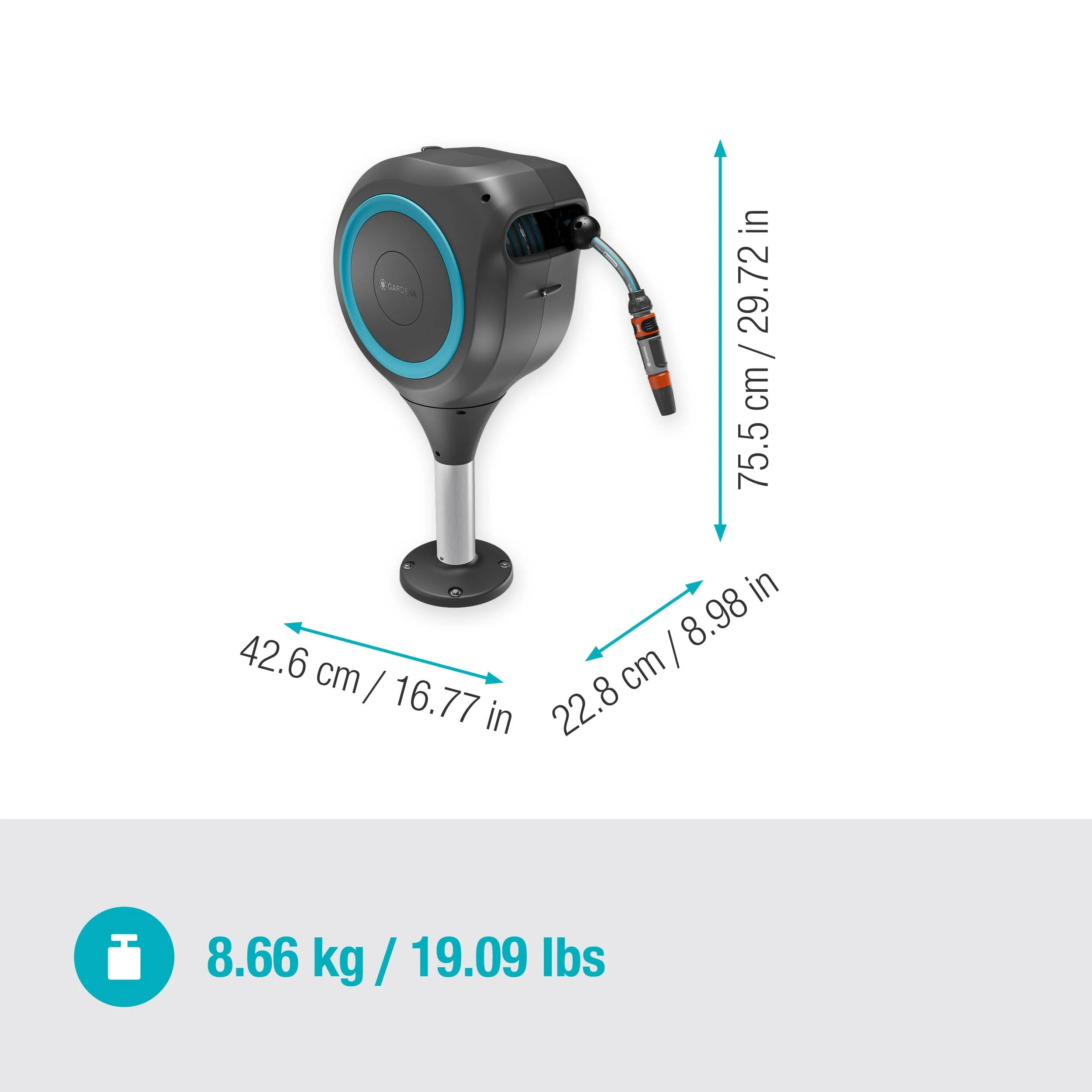 Gardena RollUp M Gartenschlauchbox (Modelljahr 2025): Wetterfeste Box mit Aufrollmechanismus und 20 m Schlauch. Bewässerung mittelgroßer Gärten mit Terrasse. Automatischer Rücklauf. Türkis (18615-20)