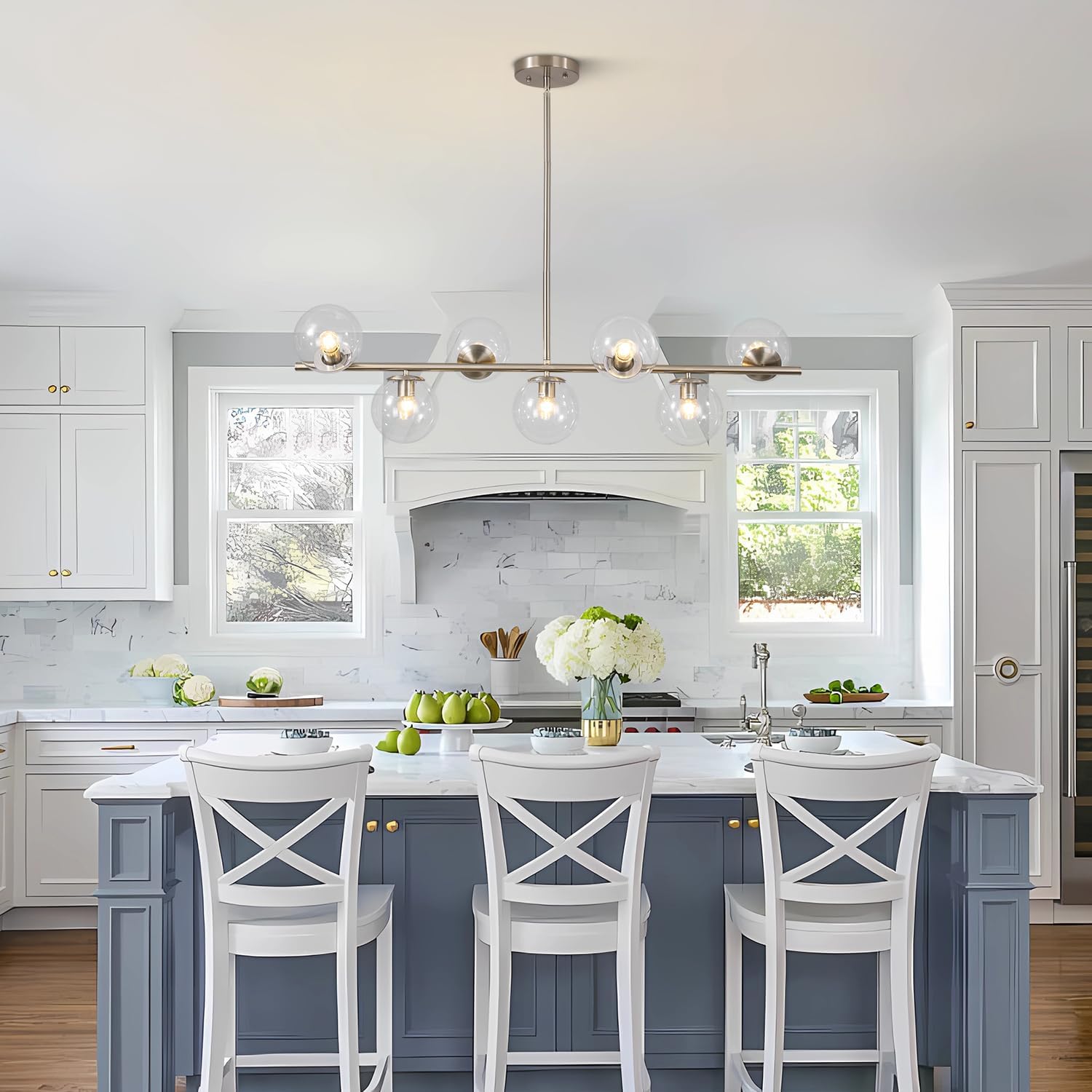 Moderne Esszimmerleuchte von KCO Lighting aus goldfarbenem Metall, Kücheninsel-Pendelleuchte aus weißem Glas, 7-flammig, E27, 80 cm höhenverstellbar