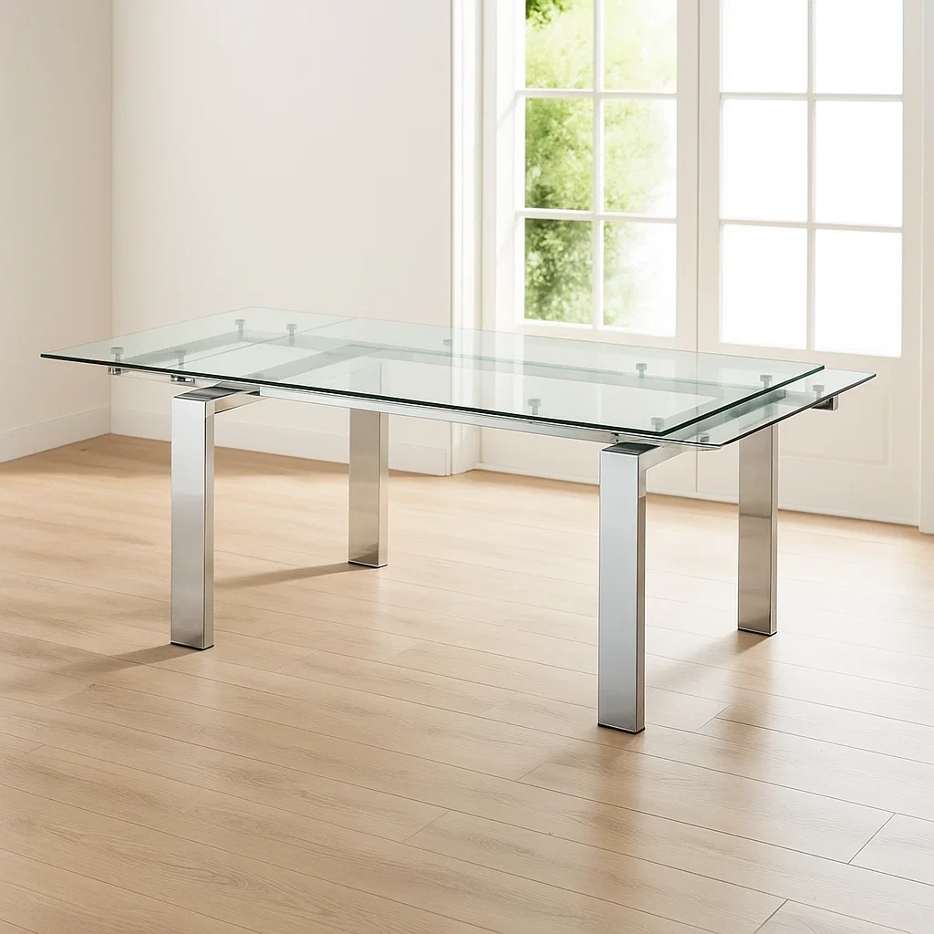 Table de salle à manger extensible en verre trempé argenté et transparent et acier inoxydable pour usage intérieur, 180 × 100 × 76 cm - M68rSC603sPC