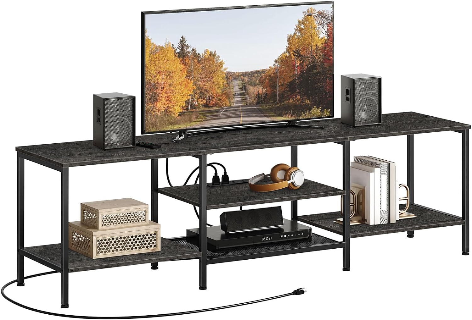 TV-Ständer mit integrierten Steckdosen für Fernseher bis zu 75 Zoll, Konsolentisch mit offenen Regalen, Entertainment-Center im Industrial-Stil für Wohn- oder Schlafzimmer, Rustikales Braun und Schwarz BF60DS01