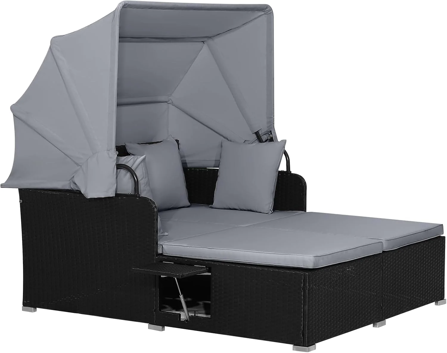 RELAX4LIFE udendørs haveseng med baldakin. Vævet harpiks liggestol med hynder. 4 puder og 2 udtrækkelige sidebakker. Loungeseng til 2 personer til pool, veranda, have. Rattan udendørs seng (turkis)