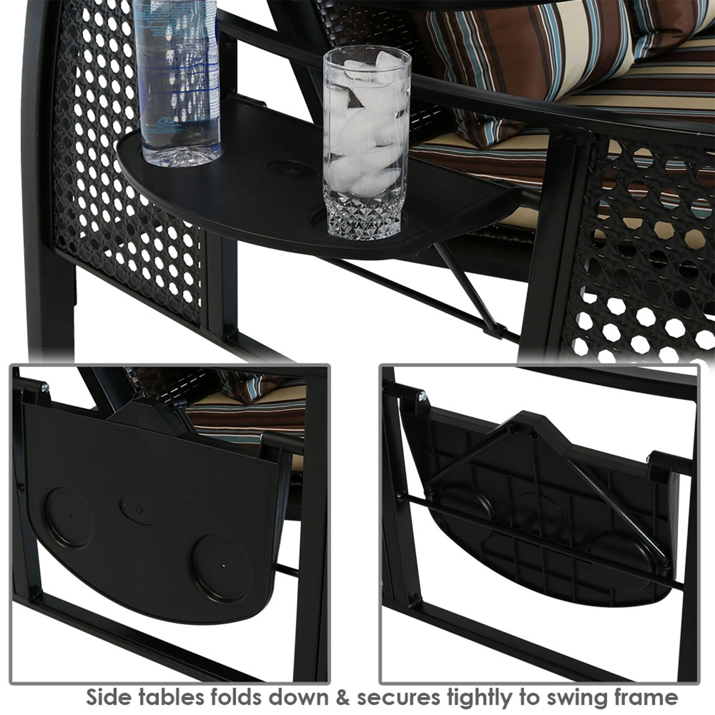 Balançoire de jardin Sunnydaze Deluxe 3 personnes avec auvent et tables d'appoint (modèle 2025)