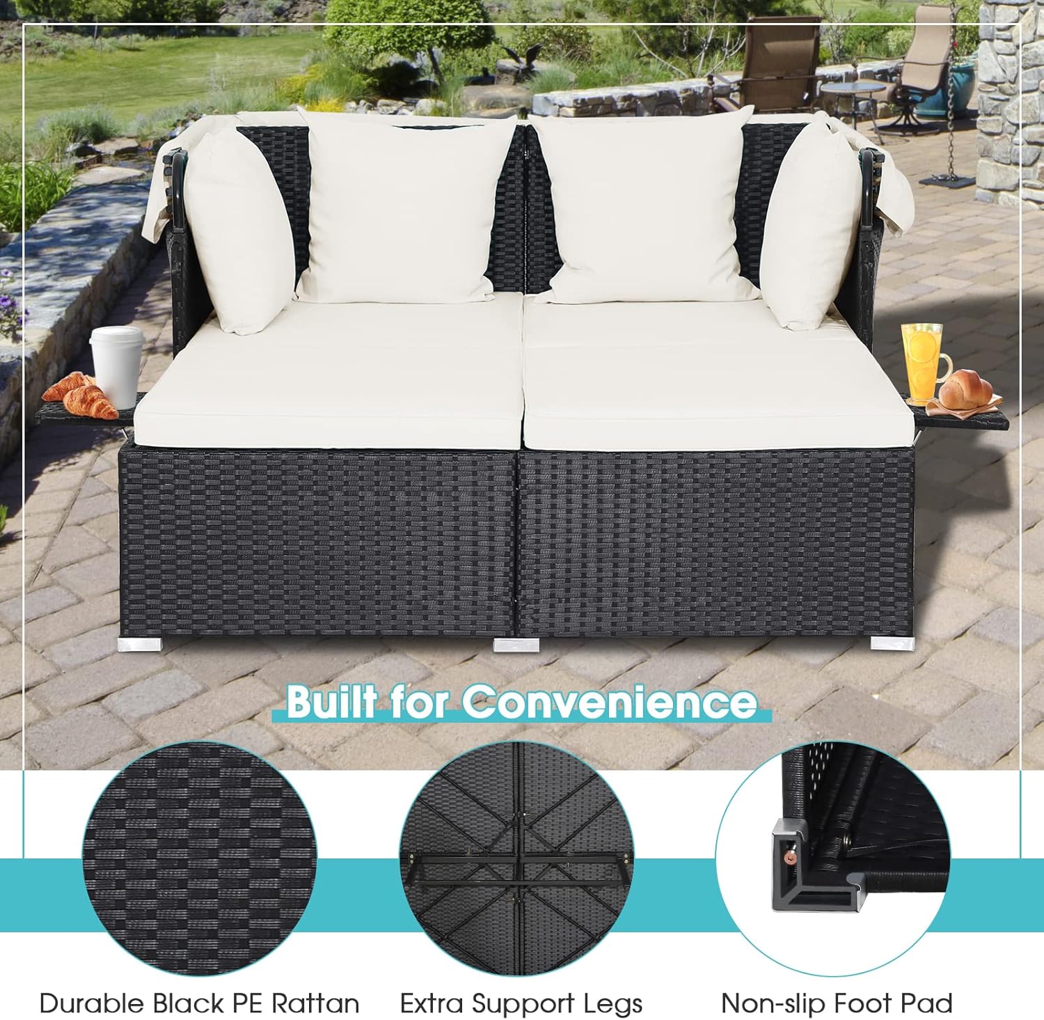 RELAX4LIFE udendørs haveseng med baldakin. Vævet harpiks liggestol med hynder. 4 puder og 2 udtrækkelige sidebakker. Loungeseng til 2 personer til pool, veranda, have. Rattan udendørs seng (turkis)