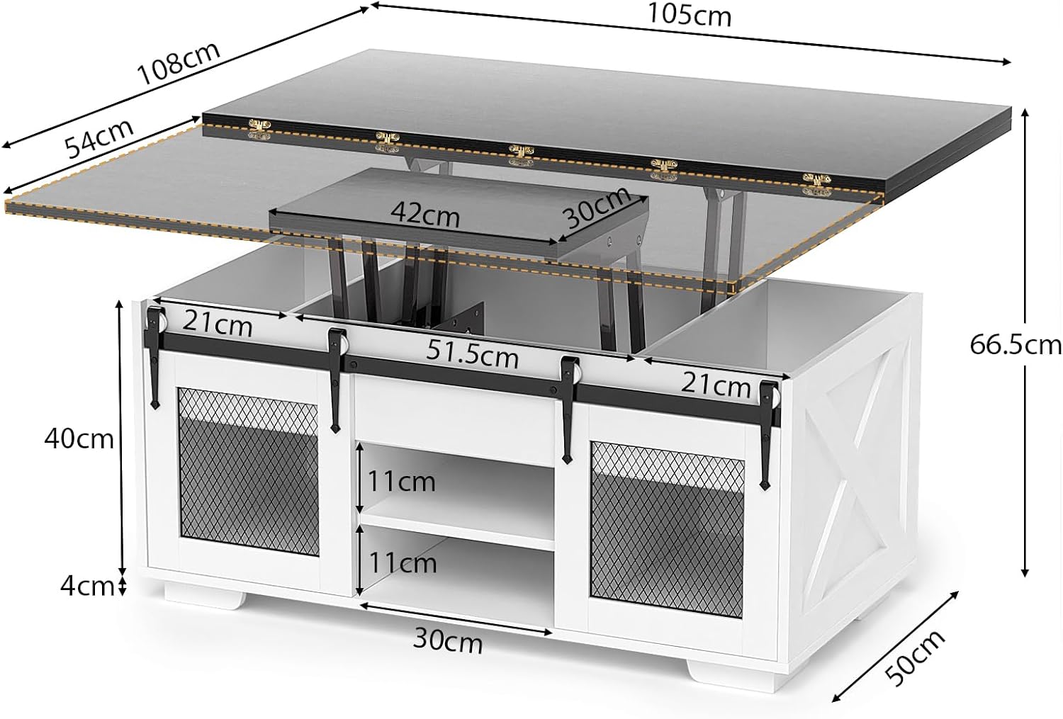 Table basse extensible VOWNER, plateau relevable, multifonctionnelle 3 en 1 avec rangement dissimulé - Salle à manger, convertible, style ferme, noyer
