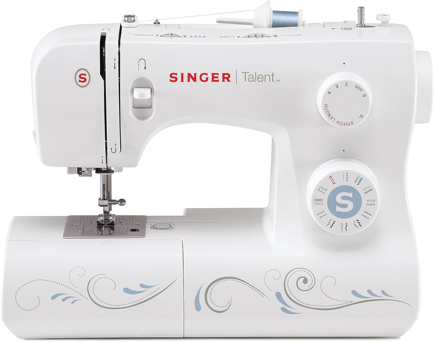 Singer Talent 3323-30 Mechanische Nähmaschine mit Nutzstichen, vollautomatischem Ein-Stufen-Knopfloch, Zickzackstich bis 6 mm, automatischem Einfädeln, professionelle Nähmaschine, Weiß