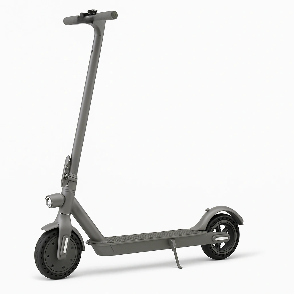 Trottinette enfant grise, cadre en métal, adaptée aux enfants