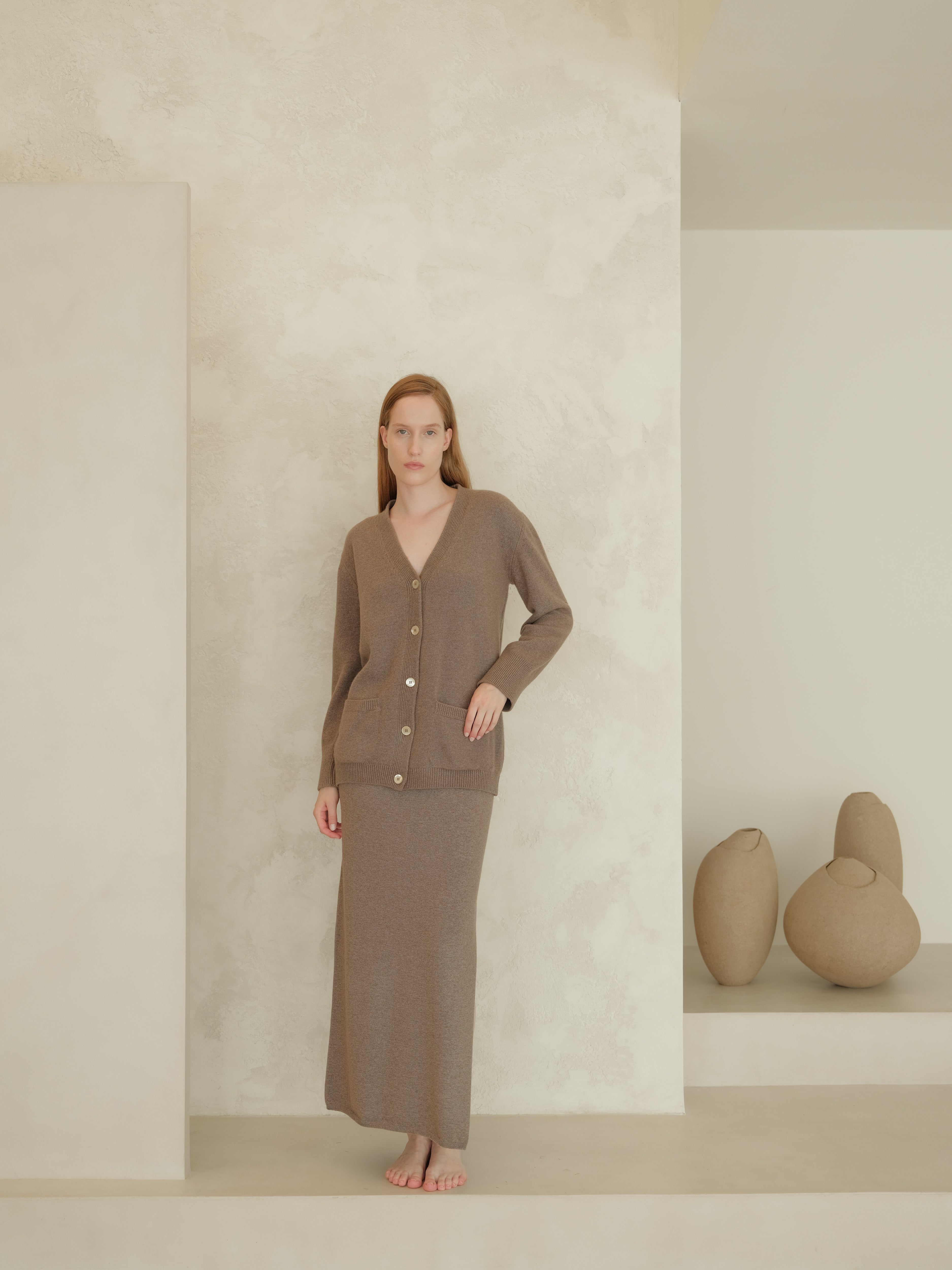 Cashmere Blend High-Waist Long Skirt With Side Slit (3D-Knit)