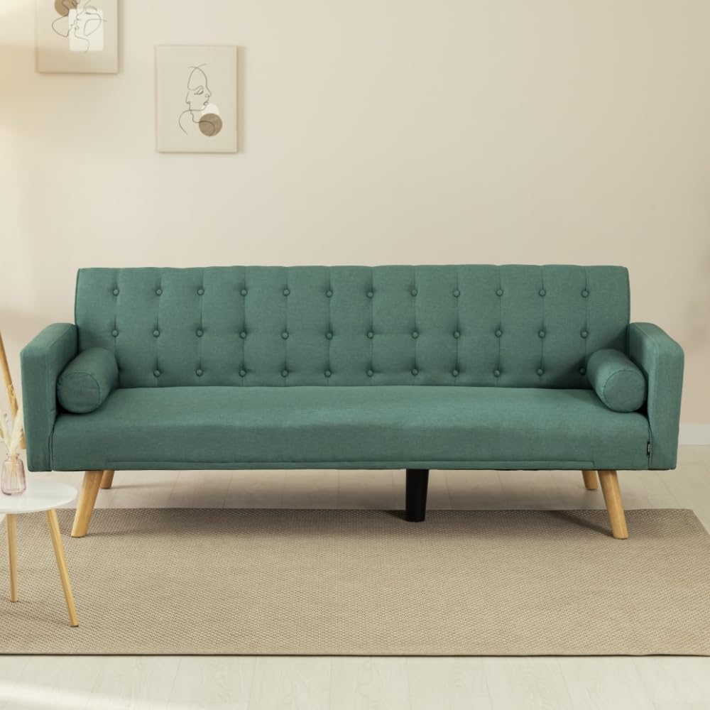 Nalui – 3-Sitzer-Schlafsofa, gepolstert, 203 x 82 x 78 cm, One Dots, mit 2 Kissen und Klick-Klack-Öffnungsmechanismus mit mehreren Liegepositionen. Chaiselongue-Schlafsofa mit Holzbeinen, umwandelbar in ein Doppelbett | Beige
