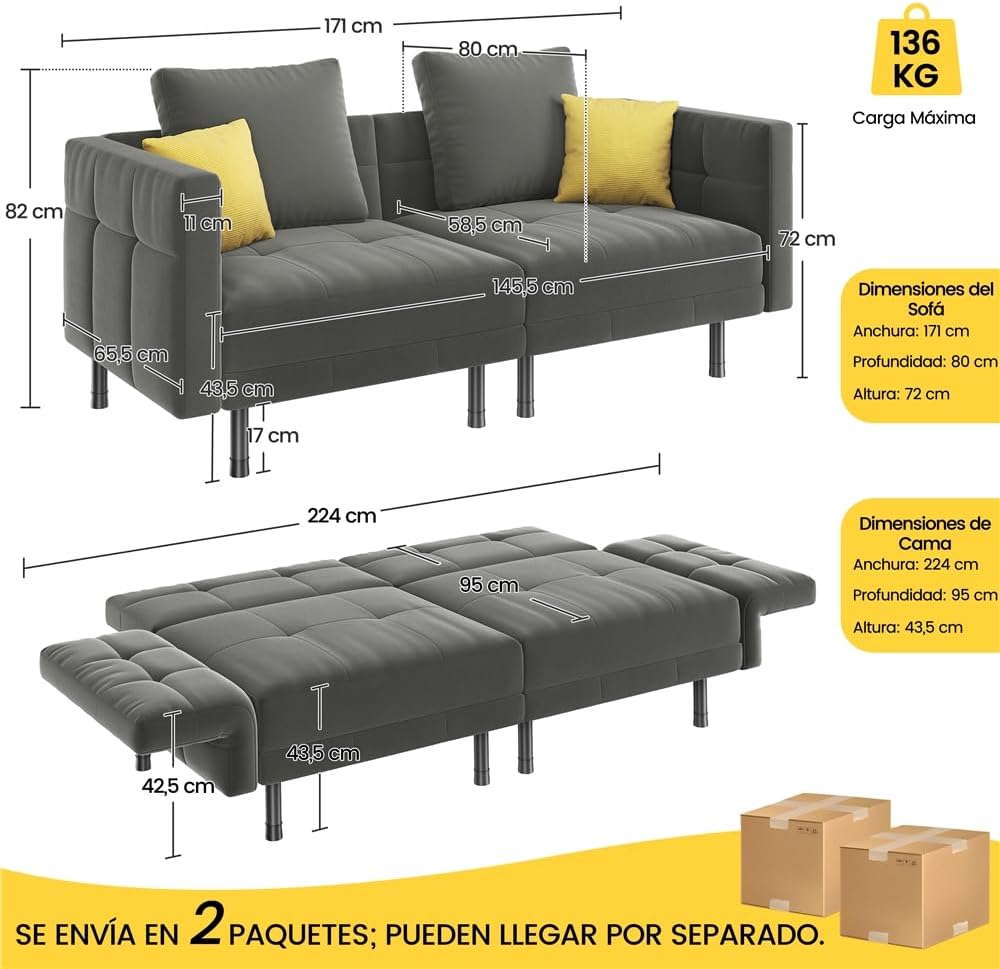 Yaheetech 2-personers fløjlssovesofa, konvertibel sofa 171x80x72cm med 4 puder, sofa med justerbare armlæn og ryglæn til stue, soveværelse og arbejdsværelse, grå