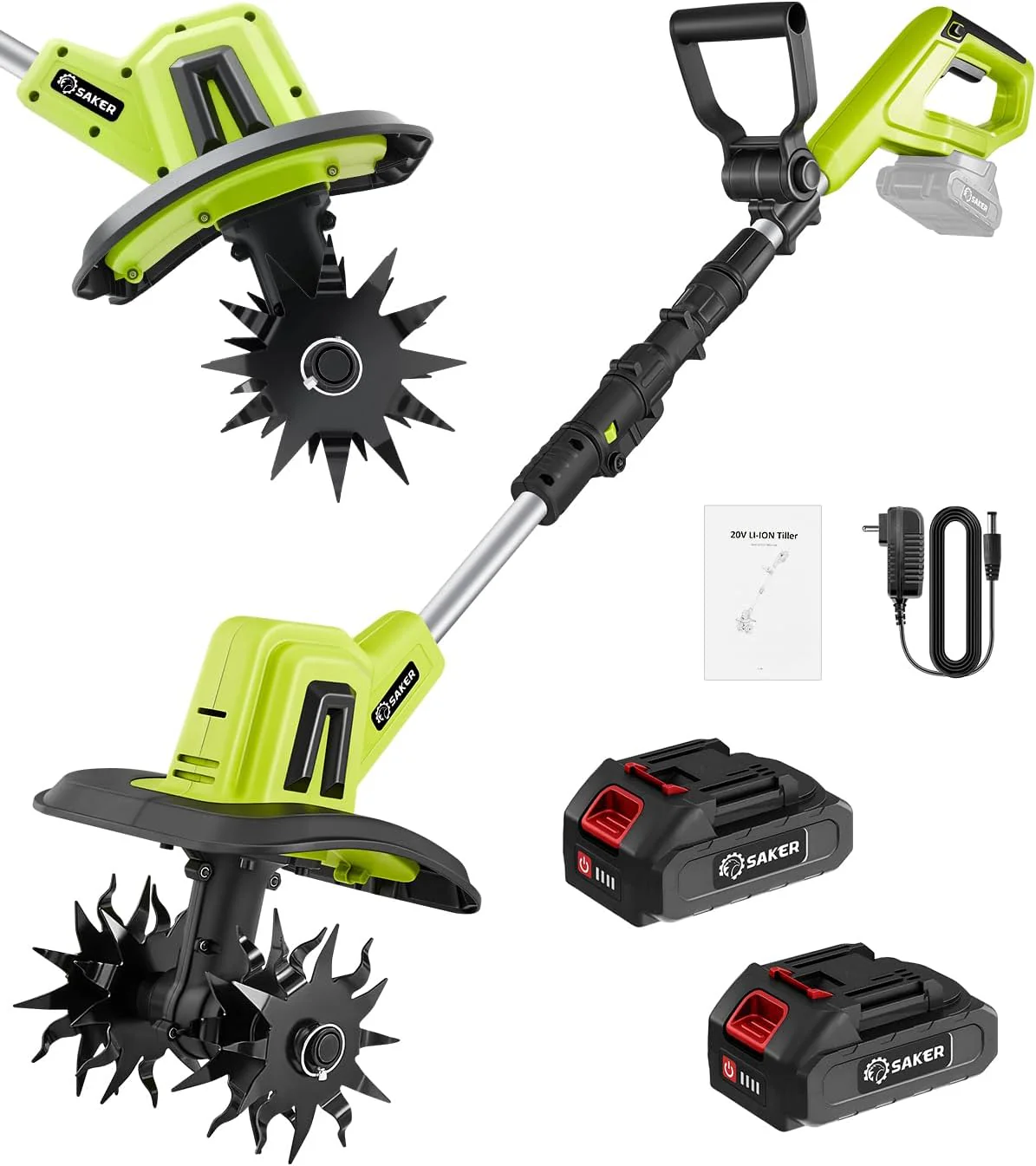 Motobineuse Électrique Sans Fil Saker 22V. Motoculteur Léger pour Jardinage. Largeur de Labor 9 pung. Profondeur 6,3 poucer pour Préparation du Sol. Désherbage et Jardinage. med 2 batterier SK-TC18B