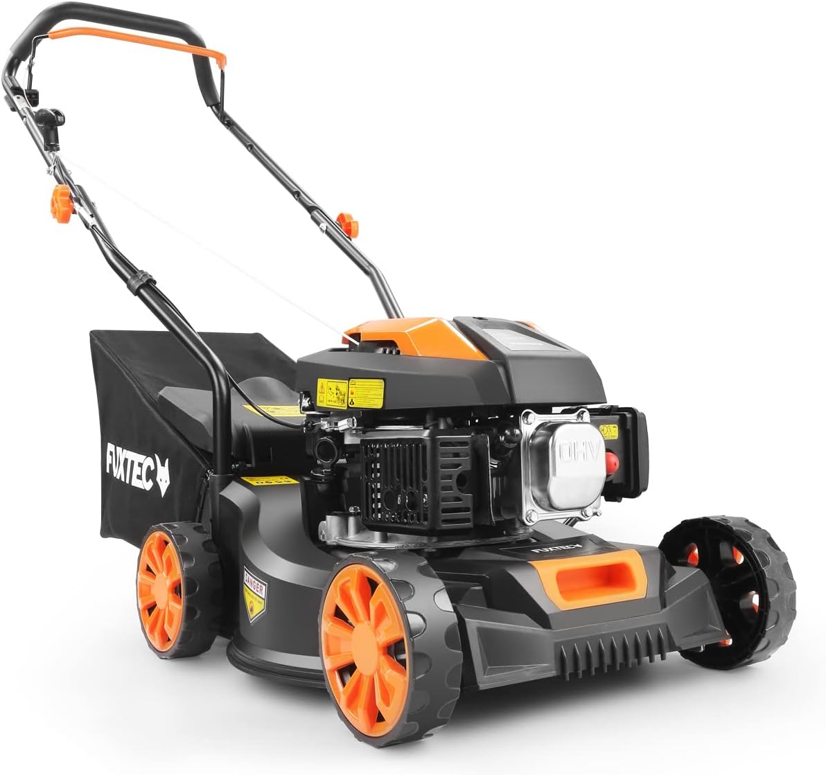 Tondeuse à gazon à essence FUXTEC FX-RM4646ECO, largeur de coupe de 46 cm, puissant moteur à essence de 146 cm³, nettoyage facile, 3 en 1, 2,6 kW, bac de ramassage mulching de 50 l.