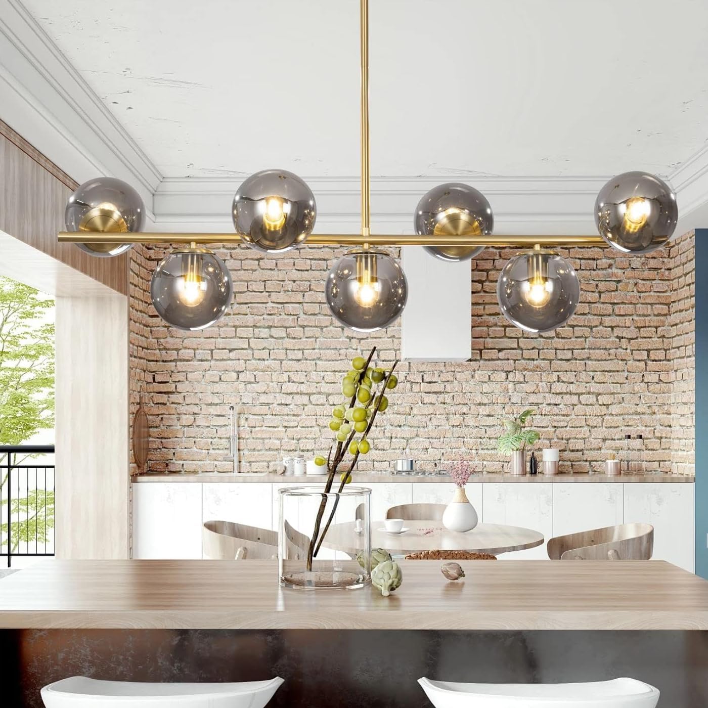 Moderne Esszimmerleuchte von KCO Lighting aus goldfarbenem Metall, Kücheninsel-Pendelleuchte aus weißem Glas, 7-flammig, E27, 80 cm höhenverstellbar