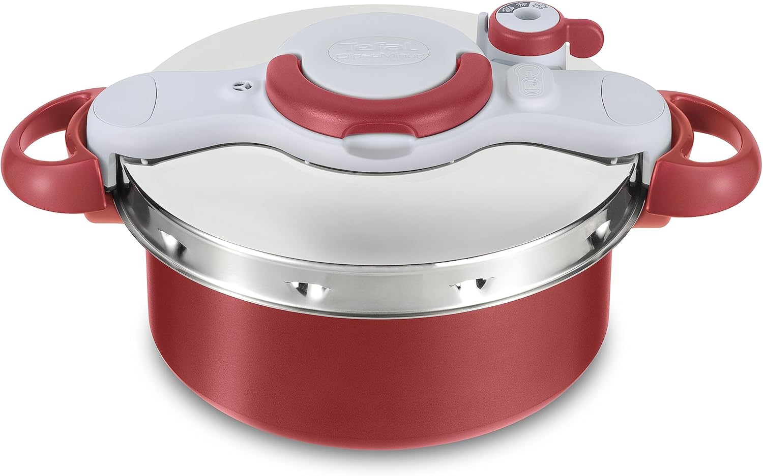 Tefal P47051 Clipso Minut Duo Aluminium-Schnellkochtopf mit 5 Sicherheitssystemen und einfacher Einhandbedienung, Grau/Rot, 5 l