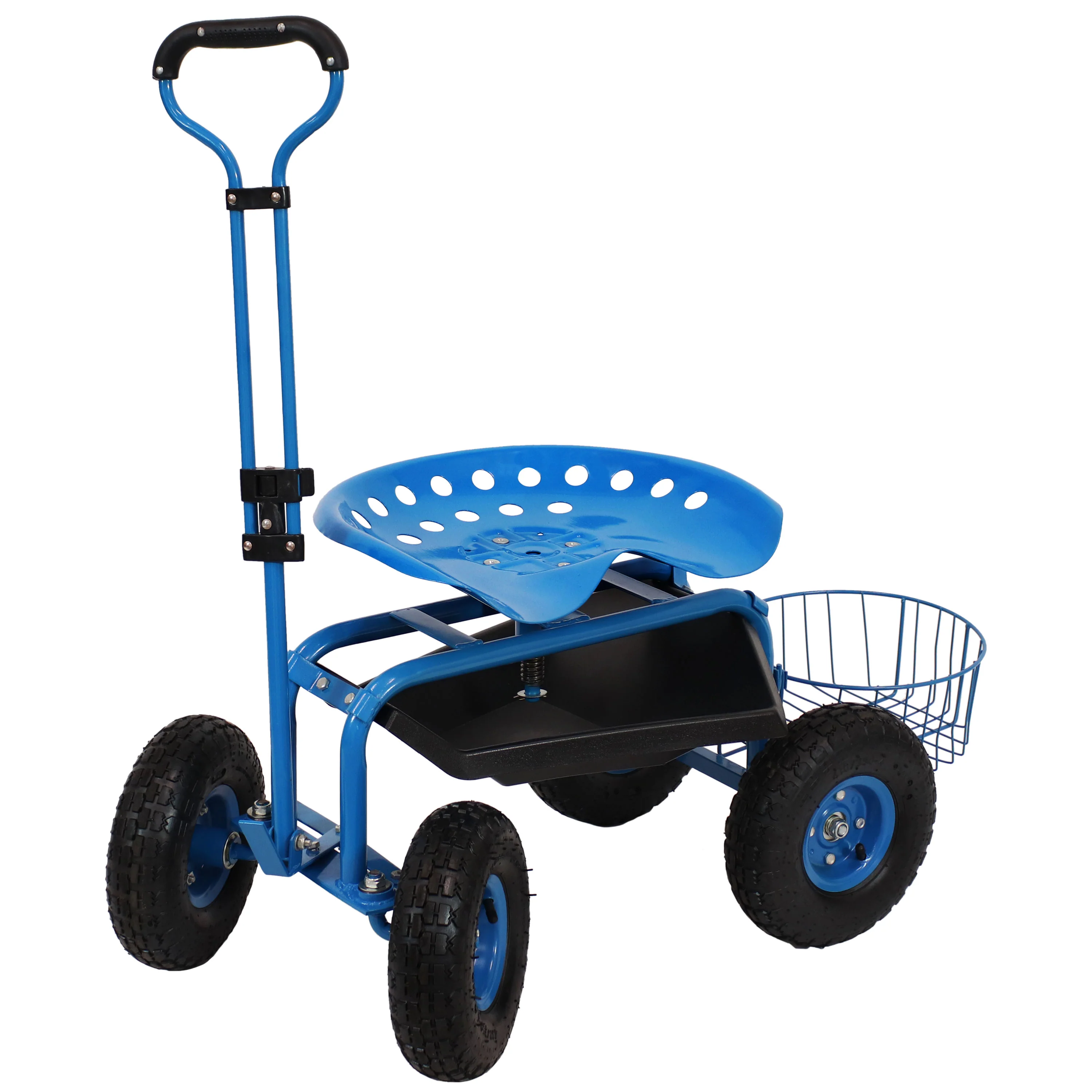 Chariot de jardin roulant Sunnydaze 2025 avec siège pivotant, guidon et panier