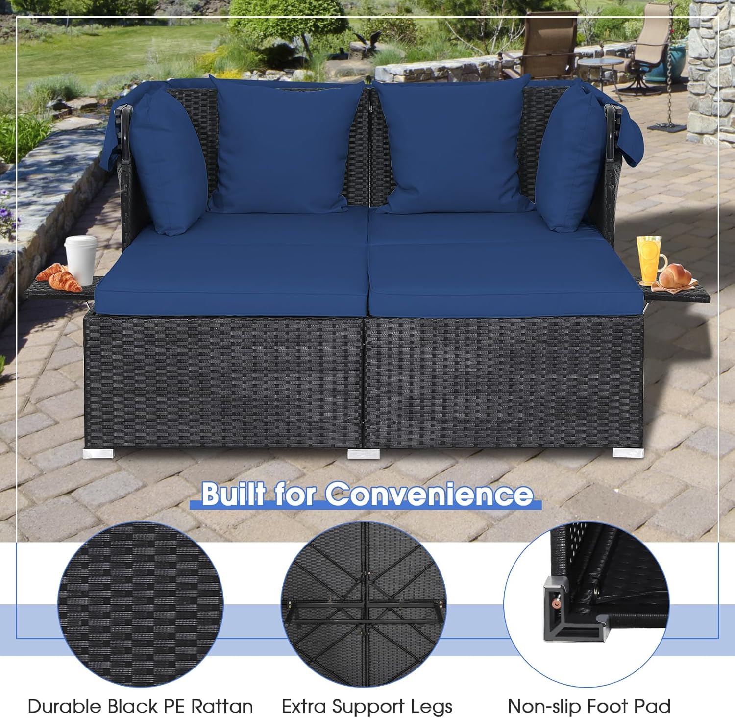 RELAX4LIFE udendørs haveseng med baldakin. Vævet harpiks liggestol med hynder. 4 puder og 2 udtrækkelige sidebakker. Loungeseng til 2 personer til pool, veranda, have. Rattan udendørs seng (turkis)