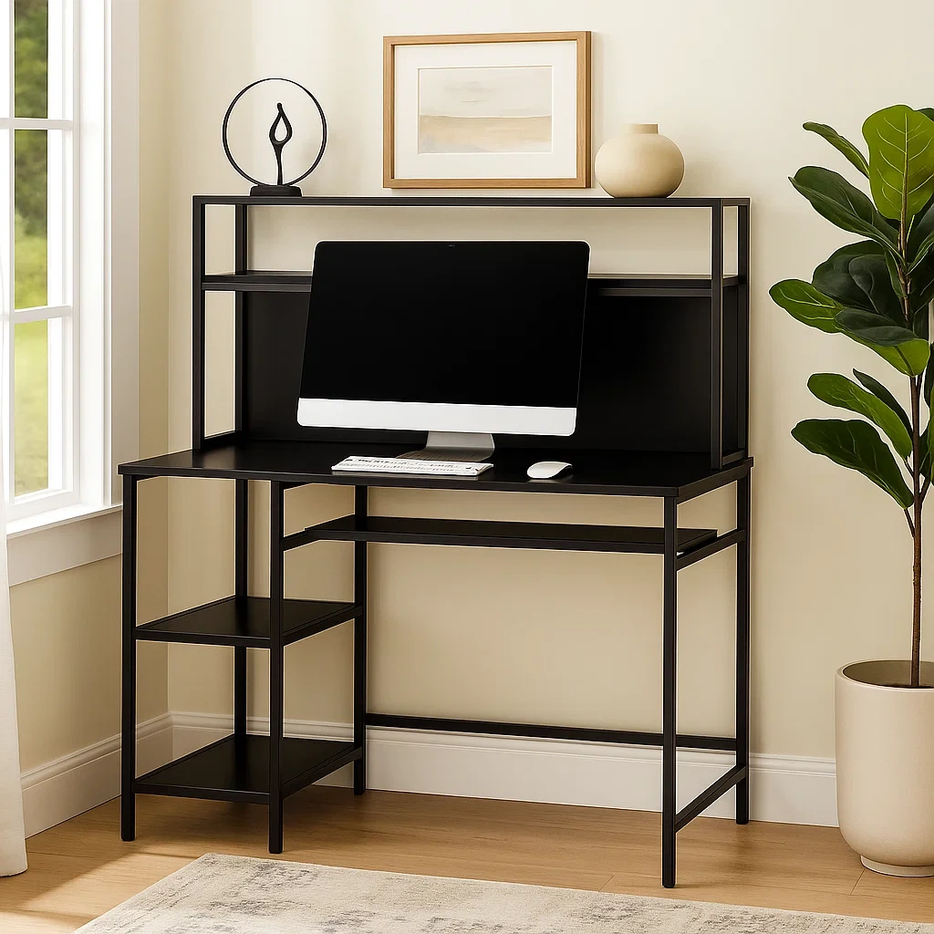 Bureau d'ordinateur noir avec étagères et 3 étagères latérales, 120 x 55 x 120 cm - nDpCTrw310yf