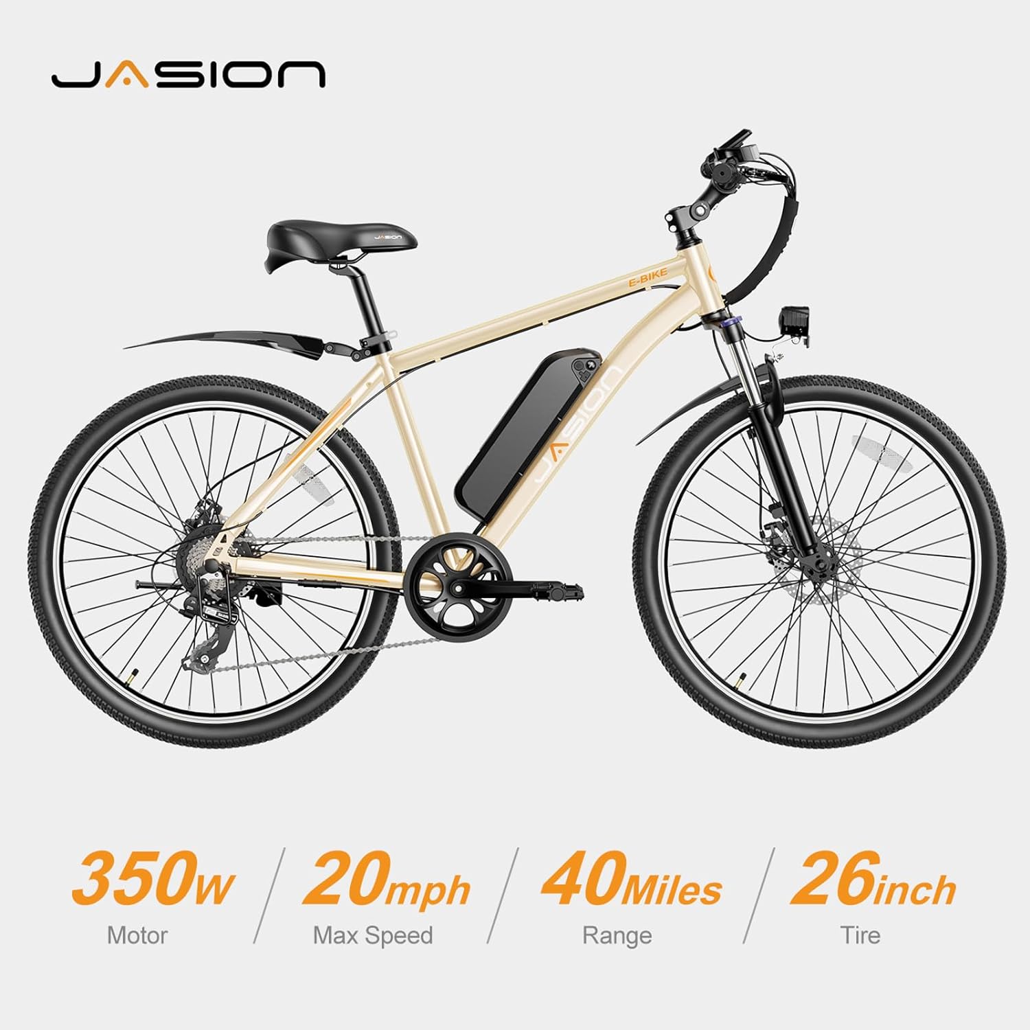 Vélo électrique Jasion EB5 pour adultes avec batterie amovible de 360 ​​Wh, 64 km, 32 km/h, VTT électrique de ville avec moteur de 350 W, 7 vitesses, pneus de 26 pouces et suspension avant.