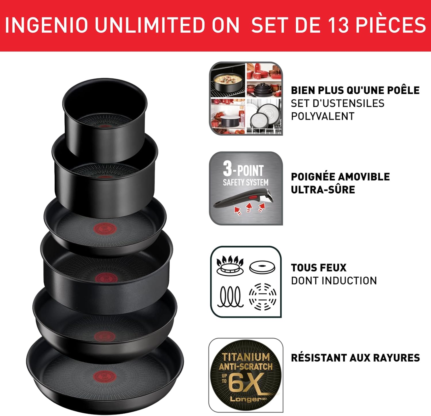 Tefal Ingenio Unlimited On – 3er-Set Töpfe (16/18/20 cm) + abnehmbarer Griff | Induktionsgeeignet, antihaftbeschichtet, mit Titanbeschichtung, Thermo-Signal, PFOA-frei, spülmaschinen- und ofenfest