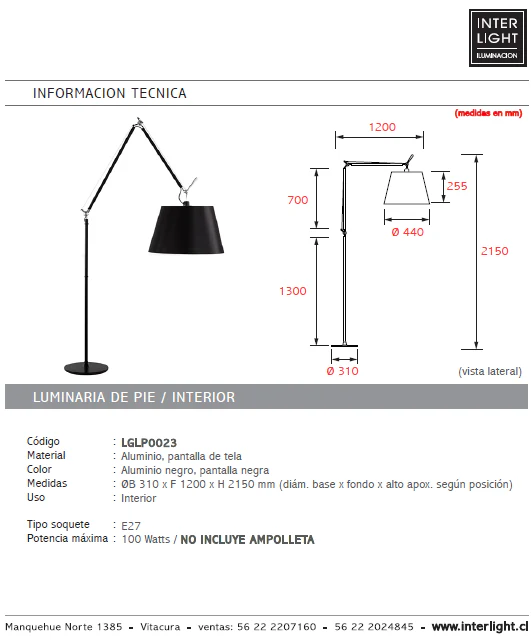 Lampadaire 2025, métal chromé, noir, abat-jour en tissu, douille E27 - LGLP0023
