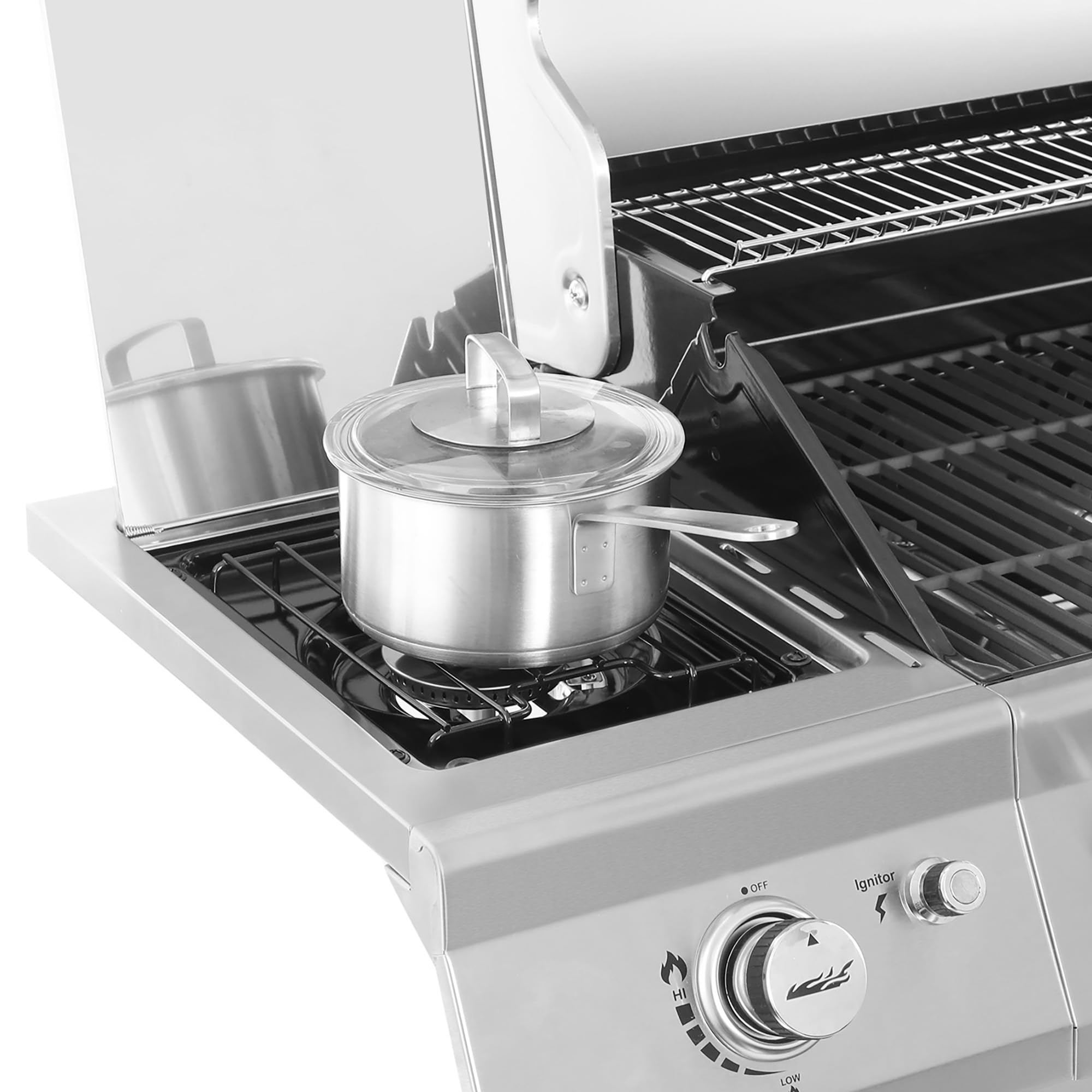 2025 Royal Gourmet GA6402S gasgrill i rustfrit stål. Premier propangrill med 6 brændere, searbrænder og sidebrænder. 74.000 BTU. Skabsstil. Udendørs grill. Sølv.