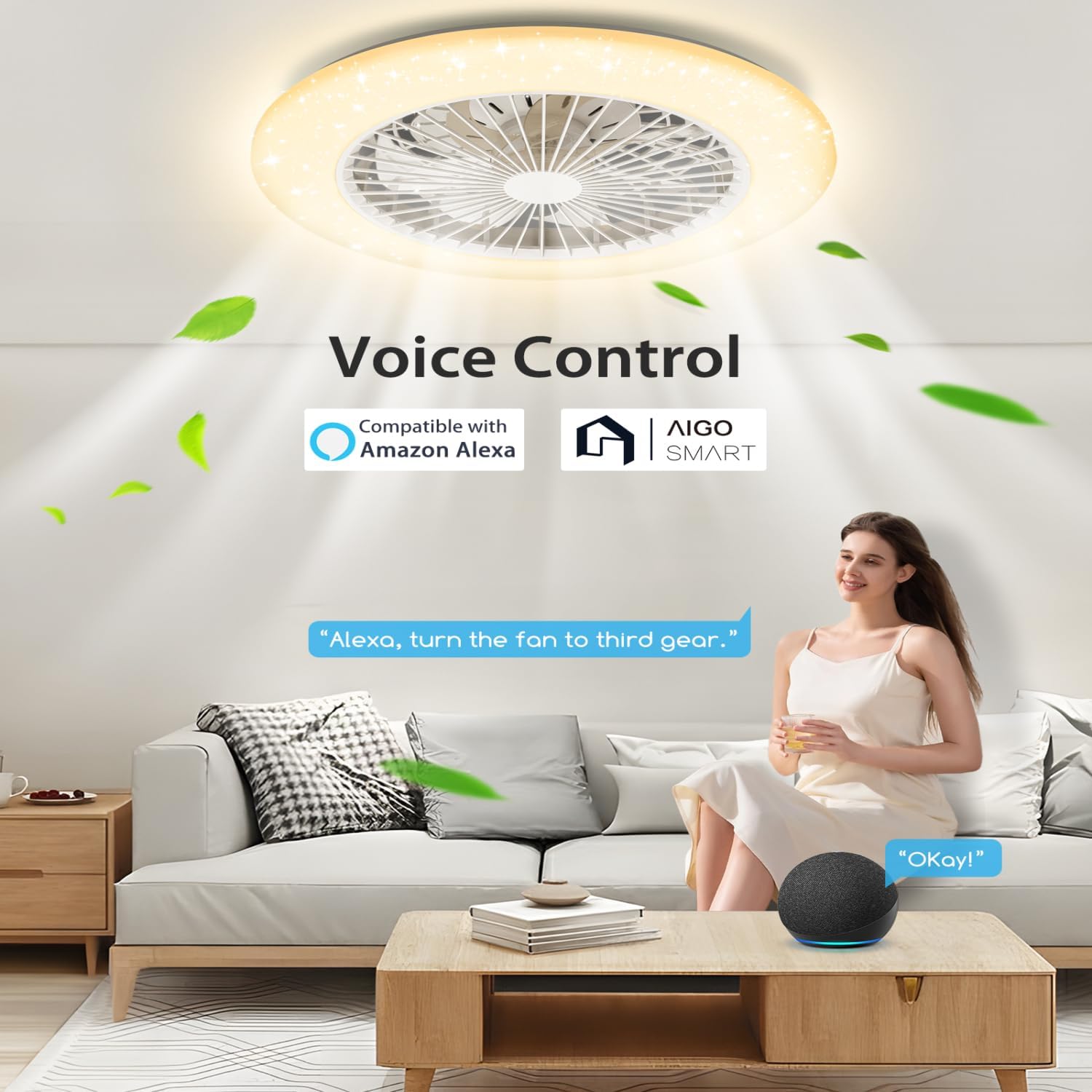 Aigostar - Ventilateur de plafond Alexa, lumière LED 40 W, 4 400 lm, 2 700 K-6 500 K et RGB à intensité variable, lampe de ventilateur de plafond intelligente avec télécommande et passerelle, silencieux, 6 vitesses, diamètre 50 cm, 2 unités