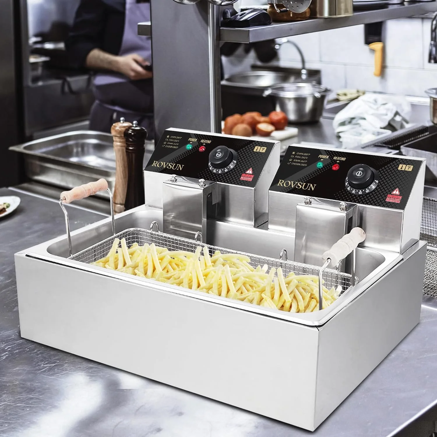 Friteuse électrique ROVSUN de 23,8 litres avec grand panier unique et couvercle. Température réglable. Friteuse professionnelle en acier inoxydable pour frites, rondelles d'oignon et dinde. 5 000 W.