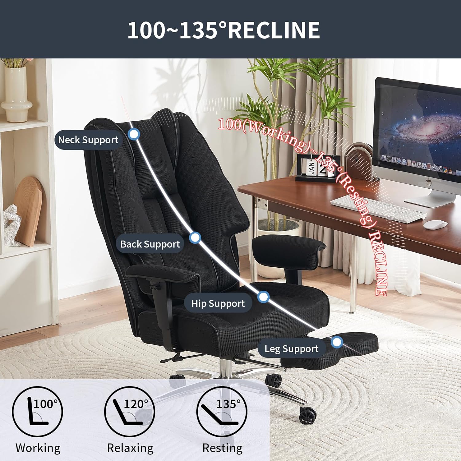 Hoher und breiter Bürostuhl für 181 kg, Chefsessel aus Leder mit hoher Rückenlehne und Fußstütze, ergonomischer Stuhl mit Lendenwirbelstütze zur Linderung von Rückenschmerzen (Beige)