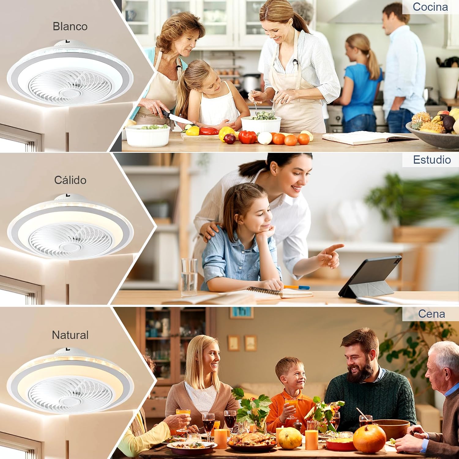 Oxylops – Ventilateur de plafond avec éclairage LED, 5 pales, puissance 40 W, moteur 12 W CC, 6 vitesses, 3 tonalités lumineuses, silencieux, idéal pour chambre, salon, bureau ou cuisine