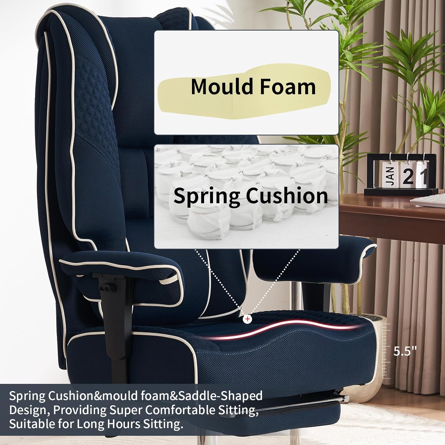 Hoher und breiter Bürostuhl für 181 kg, Chefsessel aus Leder mit hoher Rückenlehne und Fußstütze, ergonomischer Stuhl mit Lendenwirbelstütze zur Linderung von Rückenschmerzen (Beige)