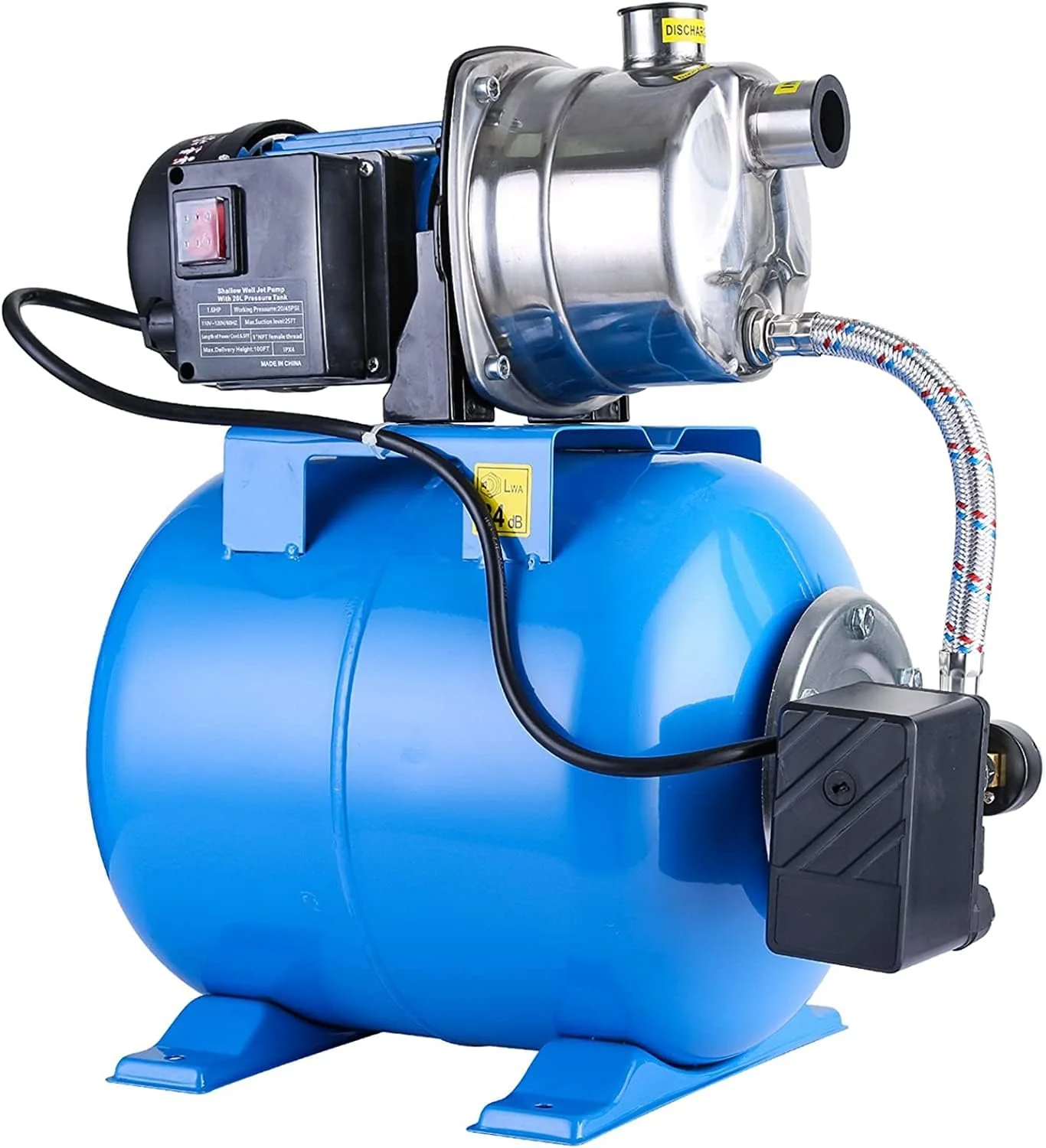 1.6HP Shallow Well Pump with Pressure Tank 1268 GPH Stainless Steel Jet Pump Transfer Drainage Booster Pump Garden Sprinkler System Water Pump for Home Garden Lawn Irrigation