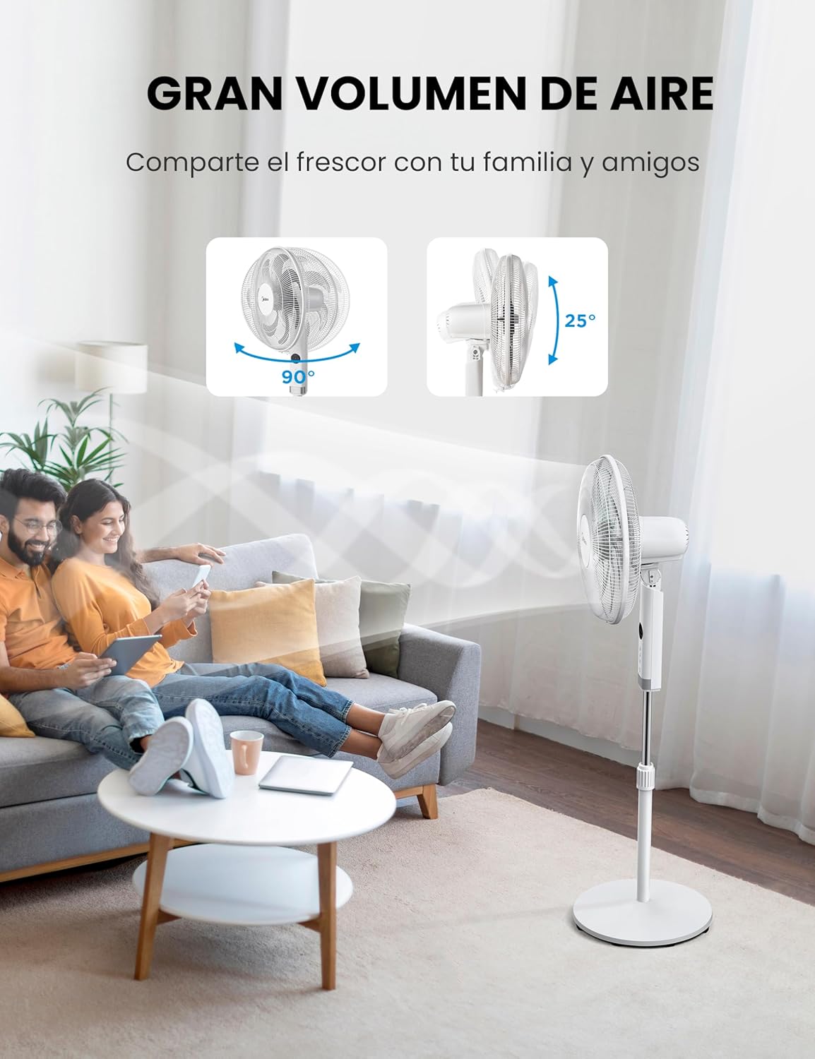 Ventilateur sur pied MIDEA 12 vitesses avec télécommande – Ventilateur silencieux avec oscillation 120º + 135º – Ventilateur avec minuterie, filtre et doubles pales – Débit d'air jusqu'à 24 mètres