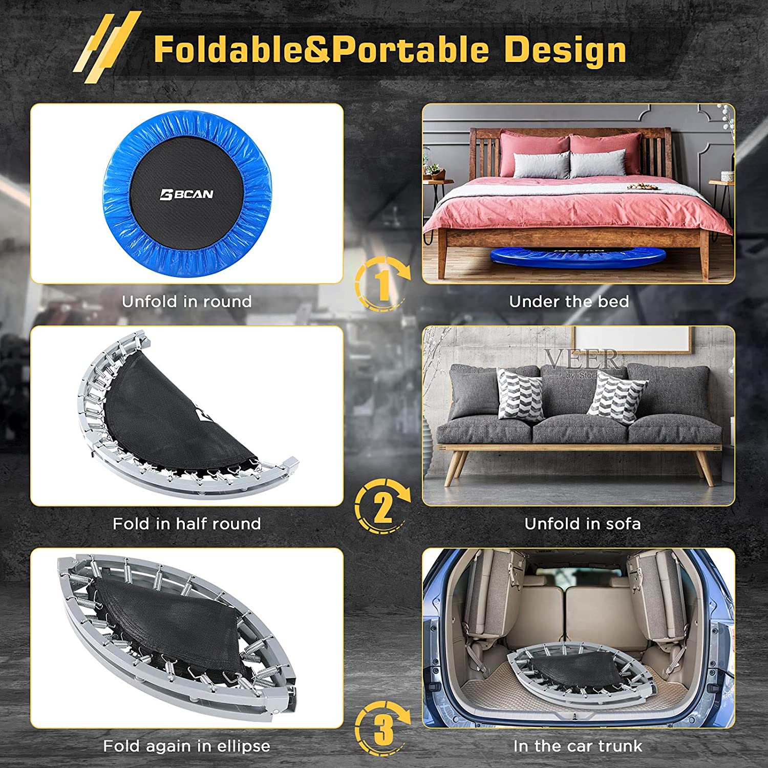 Trampoline pliable BCAN de 96 cm (38 po) pour l'exercice, charge maximale de 136 kg (300 lb)