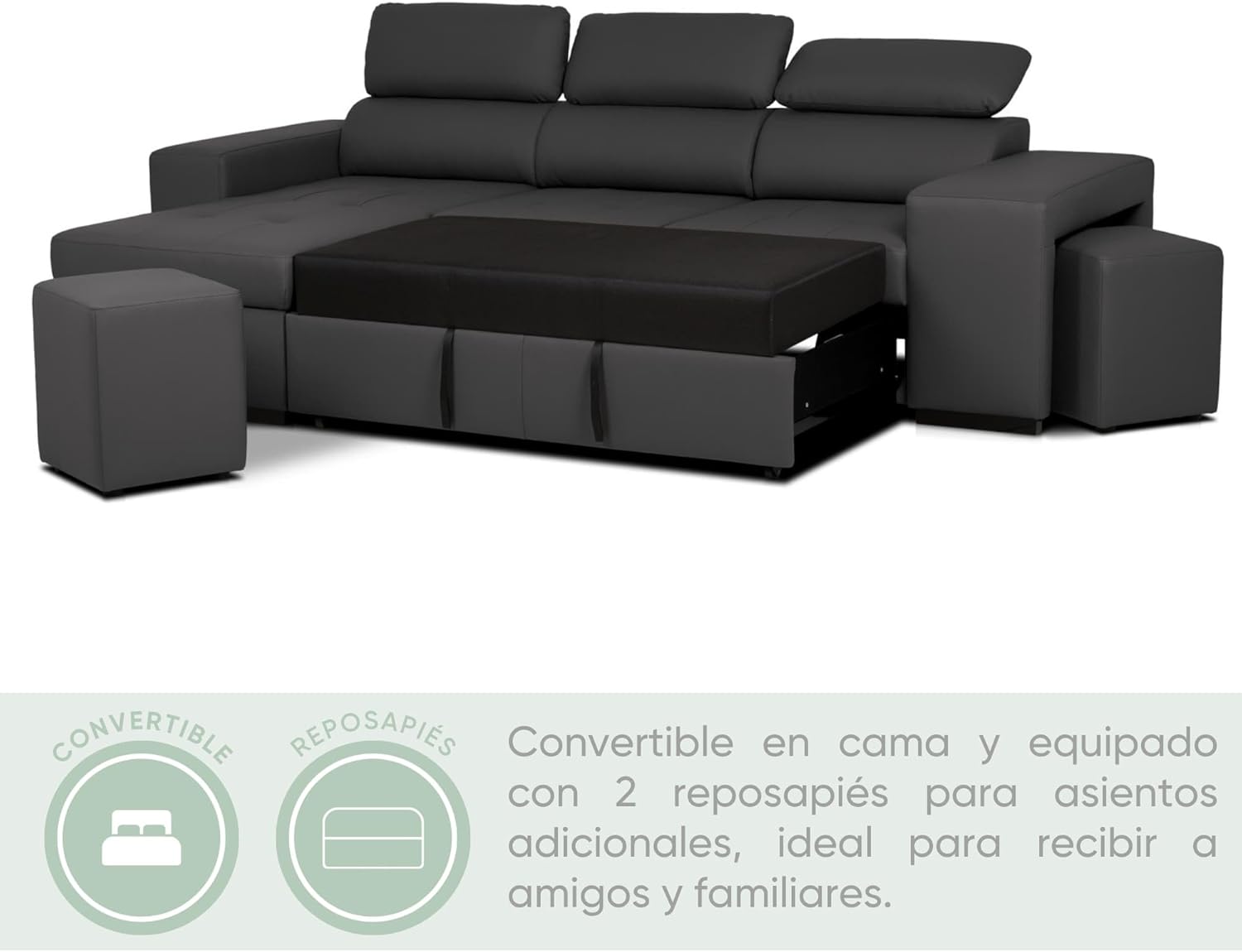 BUDWING John 4-Sitzer Ecksofa mit Schlaffunktion – Wendbare Chaiselongue, verstellbare Kopfstütze und 2 Hocker – Polyurethanbezug – Modernes Design – 263 x 161 x 96 cm – Schwarz