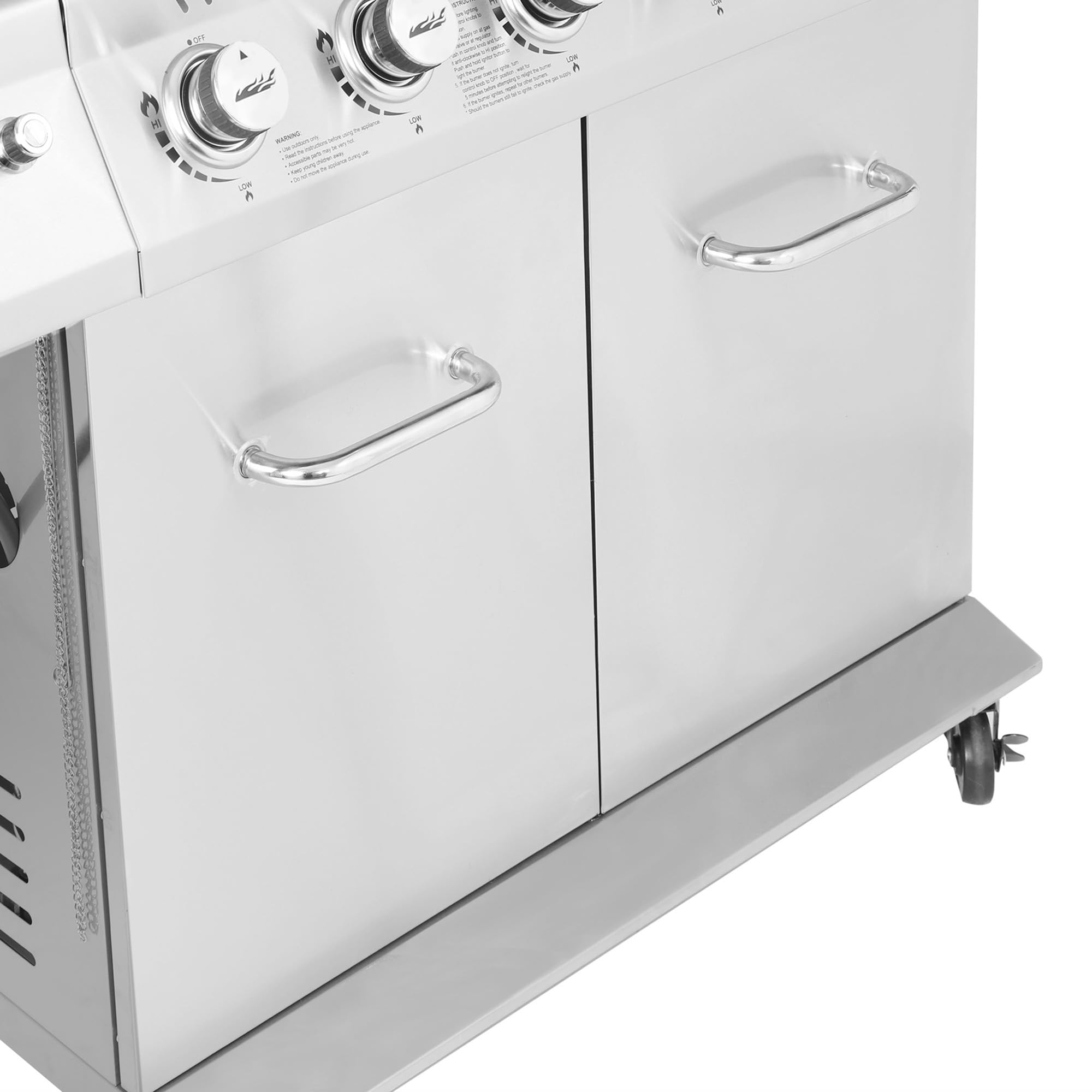 2025 Royal Gourmet GA6402S gasgrill i rustfrit stål. Premier propangrill med 6 brændere, searbrænder og sidebrænder. 74.000 BTU. Skabsstil. Udendørs grill. Sølv.