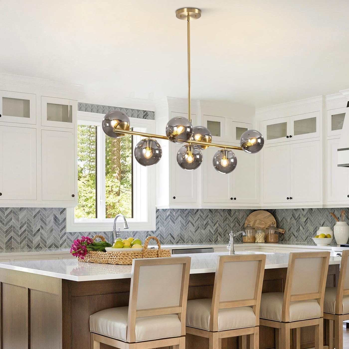 Moderne Esszimmerleuchte von KCO Lighting aus goldfarbenem Metall, Kücheninsel-Pendelleuchte aus weißem Glas, 7-flammig, E27, 80 cm höhenverstellbar