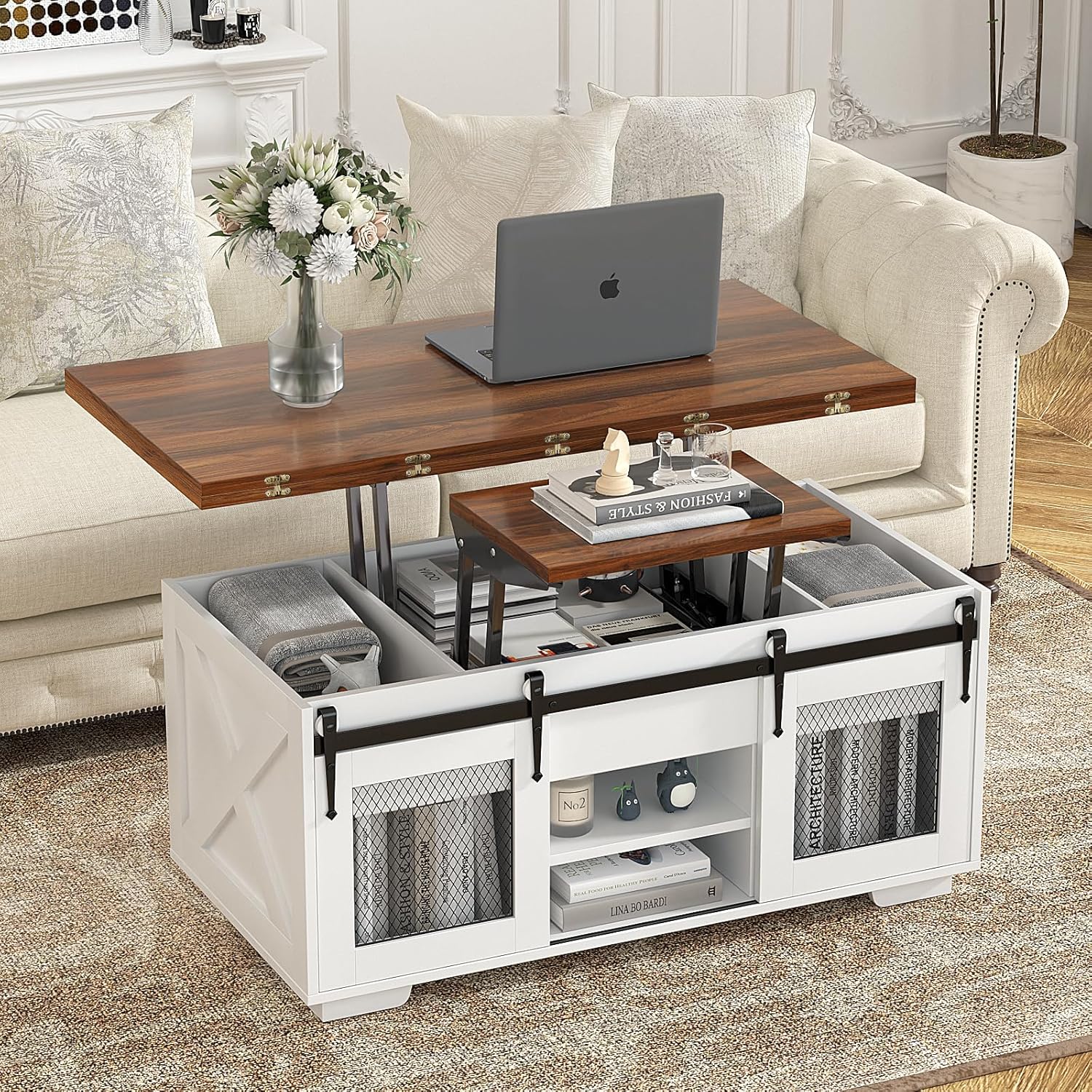 Table basse extensible VOWNER, plateau relevable, multifonctionnelle 3 en 1 avec rangement dissimulé - Salle à manger, convertible, style ferme, noyer