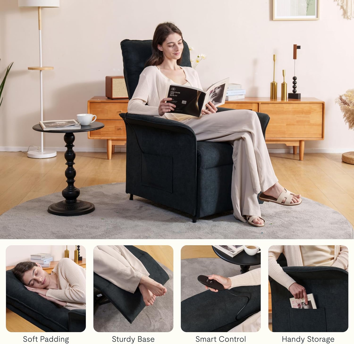 FLEXISPOT Elektrischer Relaxsessel mit verstellbarer Rückenlehne, Neigungswinkel 105° bis 155°, ergonomischer Relaxsessel für Schlafzimmer, Wohnzimmer und Heimkino (Dunkelgrau)